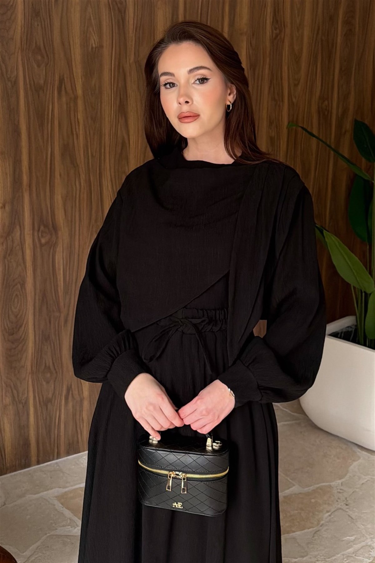 Omuzdan Şallı Mono Pilise Etek Takım - Siyah