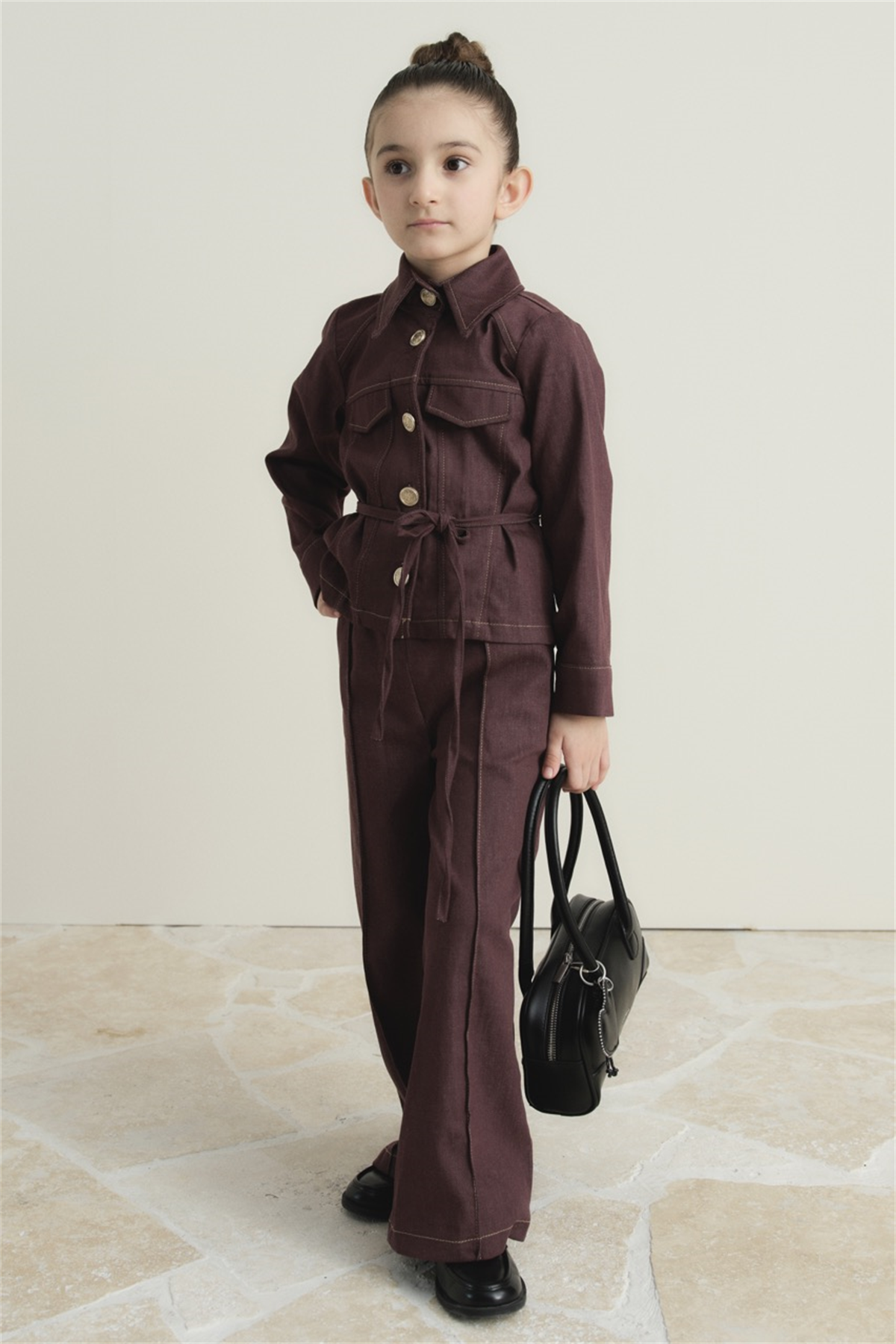 Ön Cep Detaylı Pamuklu Kot Takım - Bordo