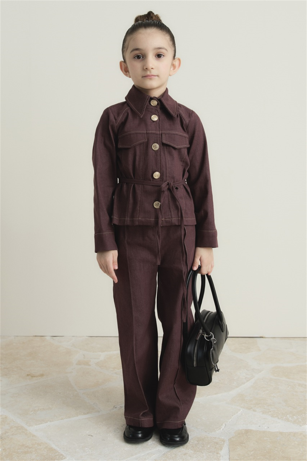 Ön Cep Detaylı Pamuklu Kot Takım - Bordo