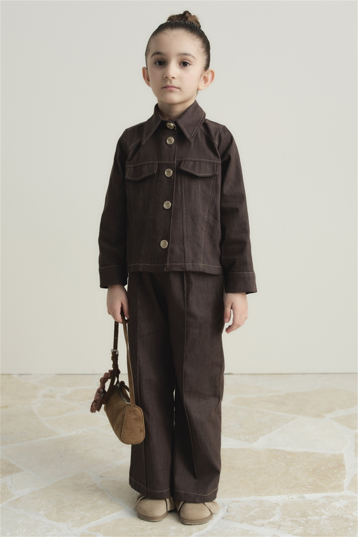 Ön Cep Detaylı Pamuklu Kot Takım - Kahve