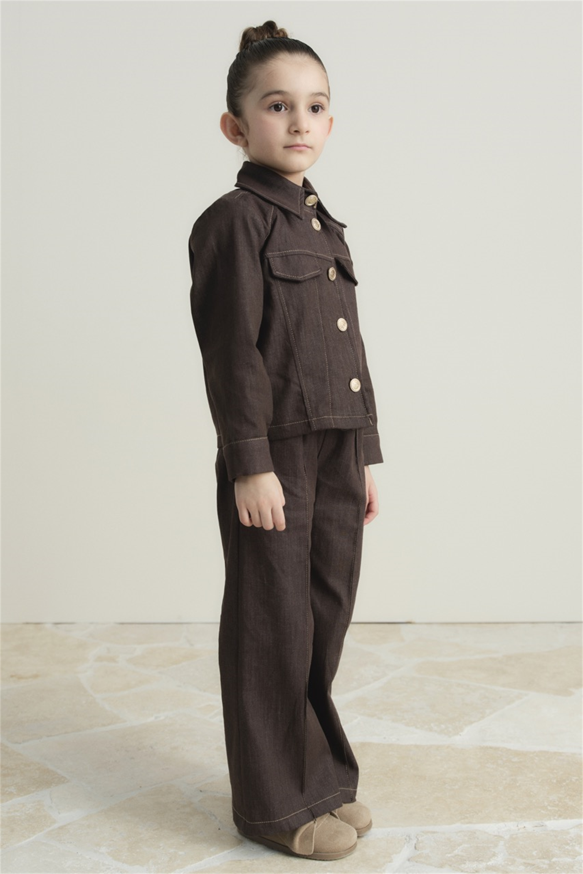 Ön Cep Detaylı Pamuklu Kot Takım - Kahve