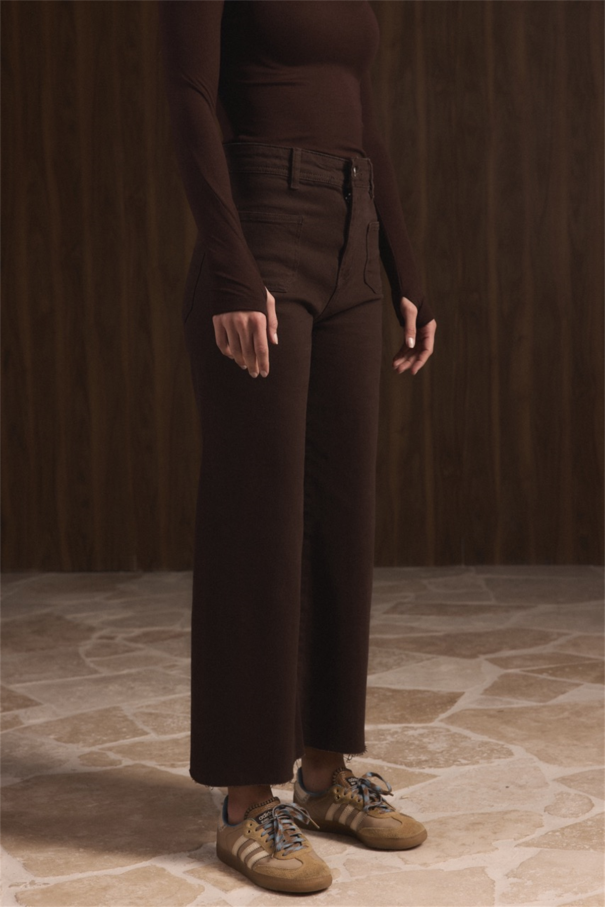 Ön Cepli Yüksek Bel Flare Jean - Kahve