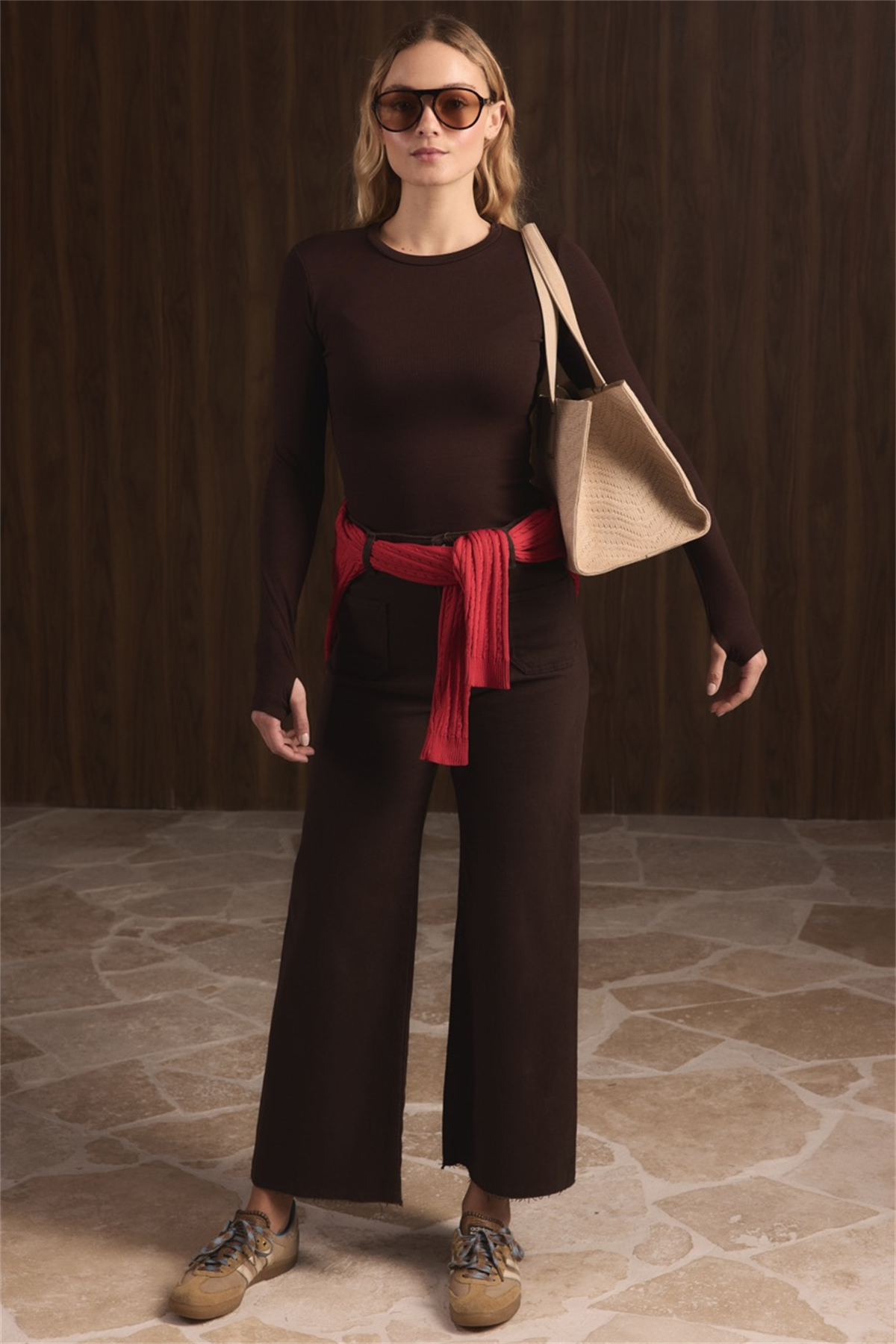 Ön Cepli Yüksek Bel Flare Jean - Kahve