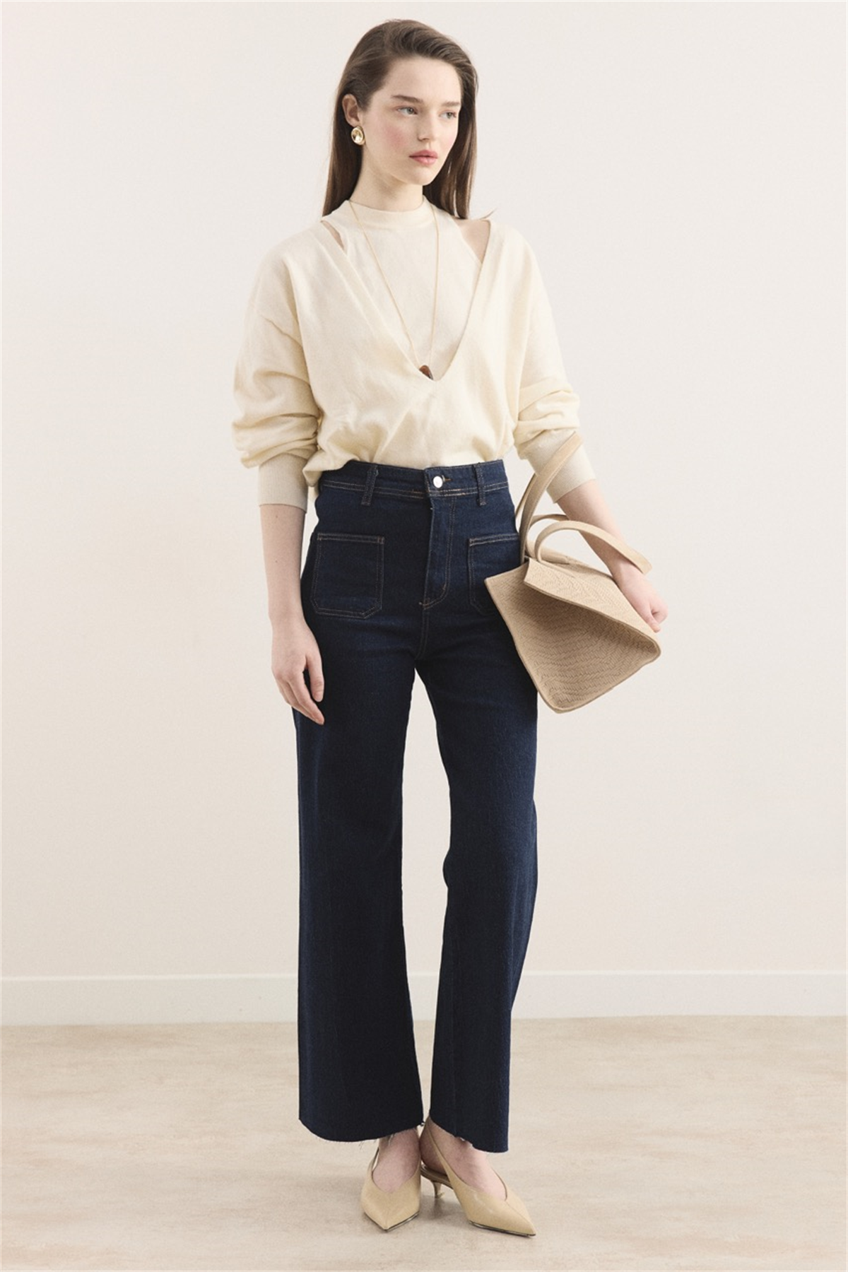 Ön Cepli Yüksek Bel Flare Jean - Koyu Lacivert