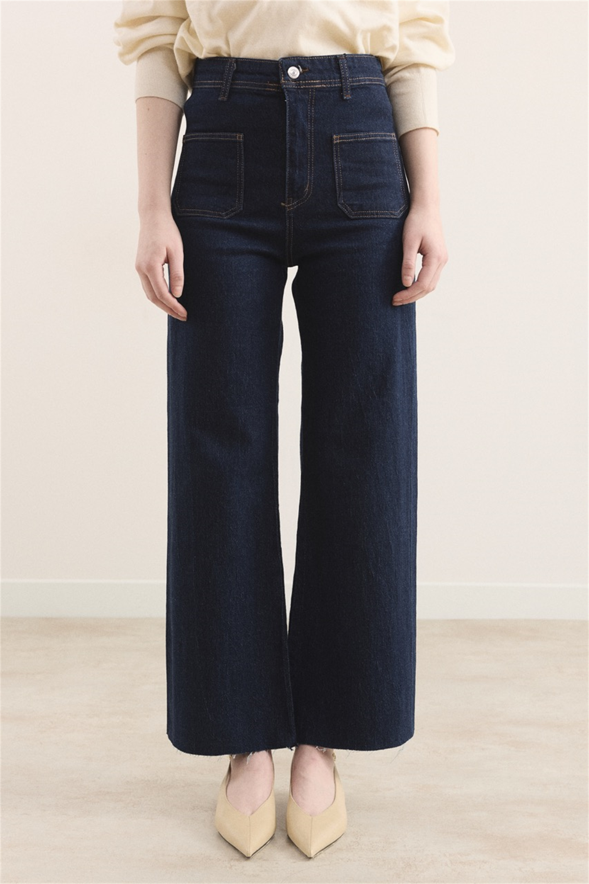 Ön Cepli Yüksek Bel Flare Jean - Koyu Lacivert