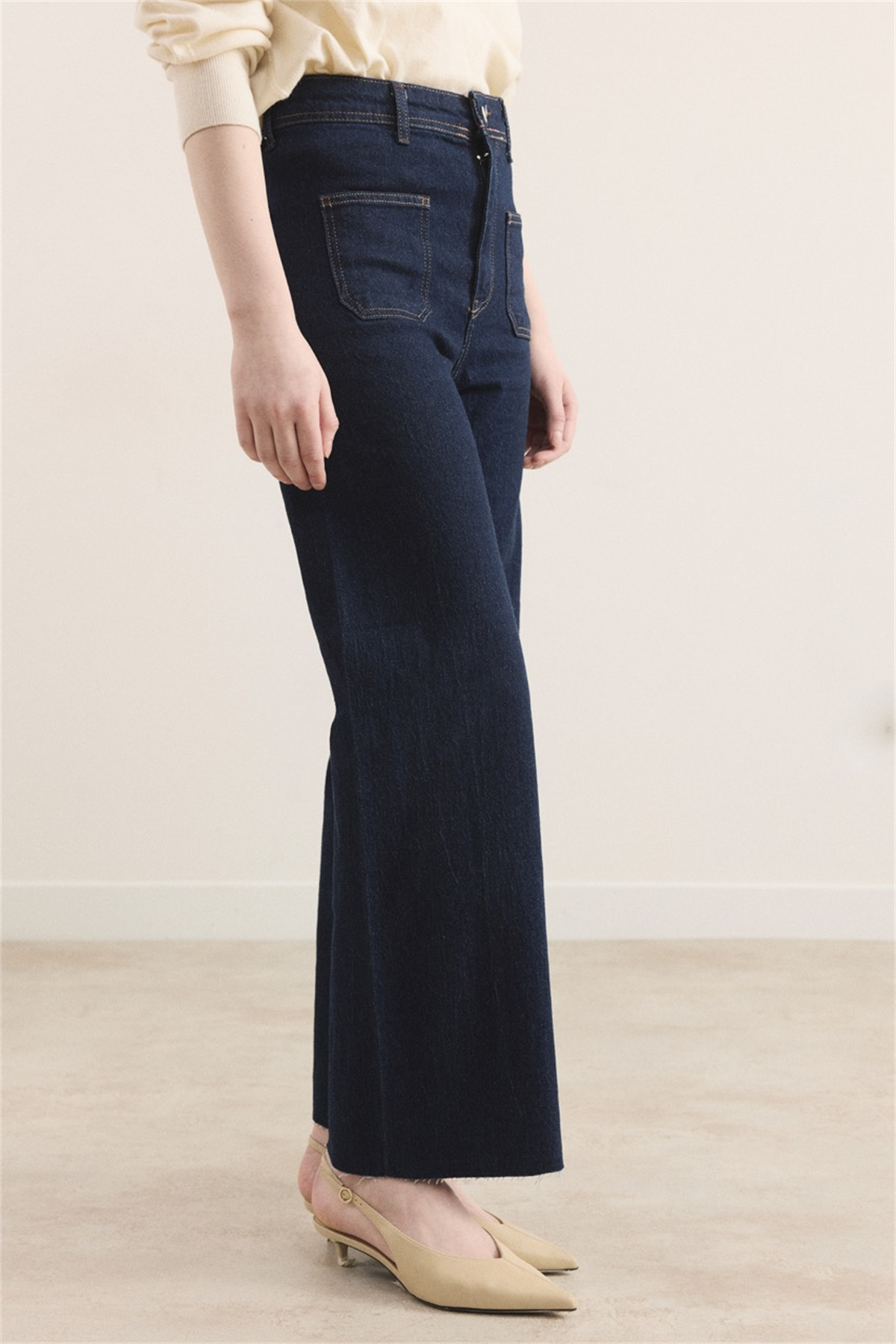 Ön Cepli Yüksek Bel Flare Jean - Koyu Lacivert