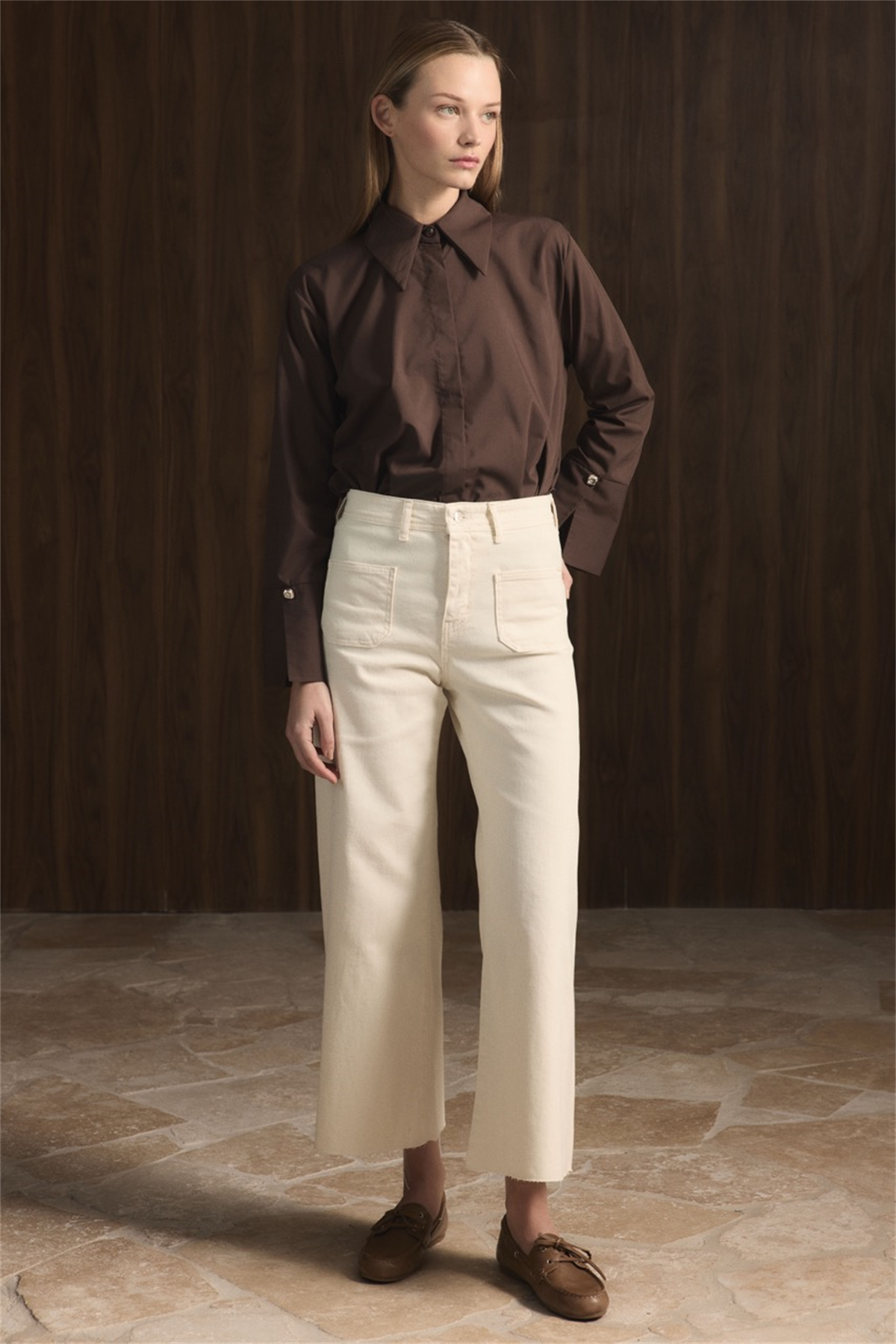 Ön Cepli Yüksek Bel Flare Jean - Krem