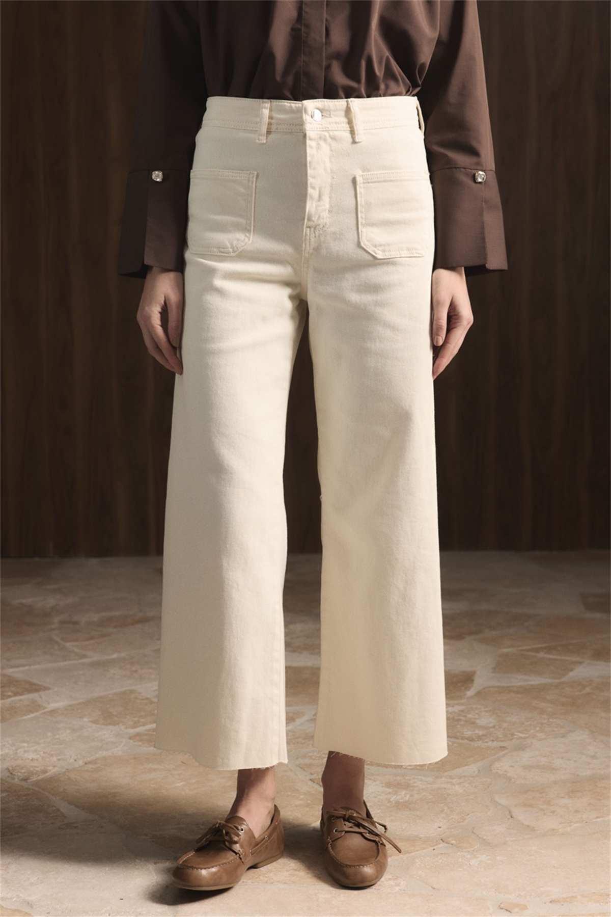 Ön Cepli Yüksek Bel Flare Jean - Krem