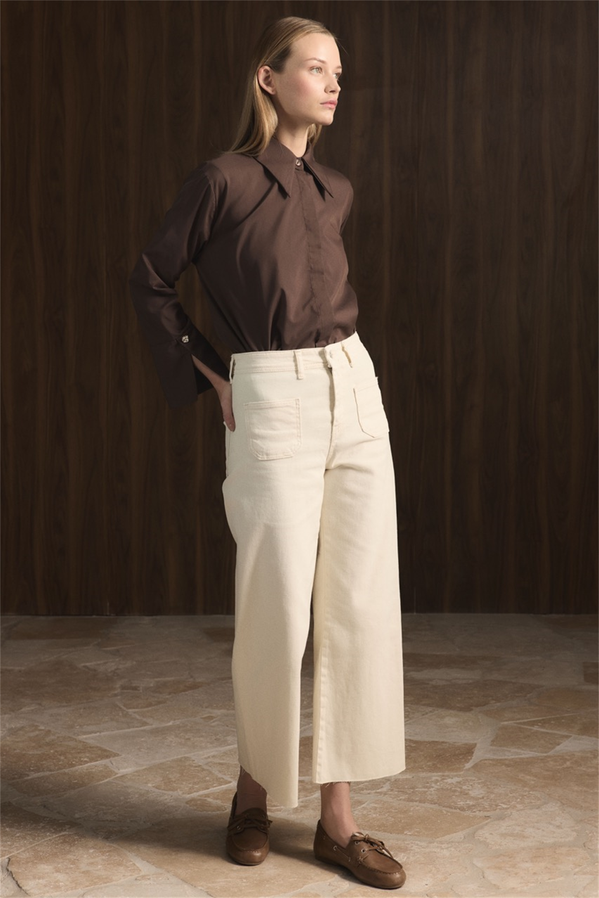 Ön Cepli Yüksek Bel Flare Jean - Krem