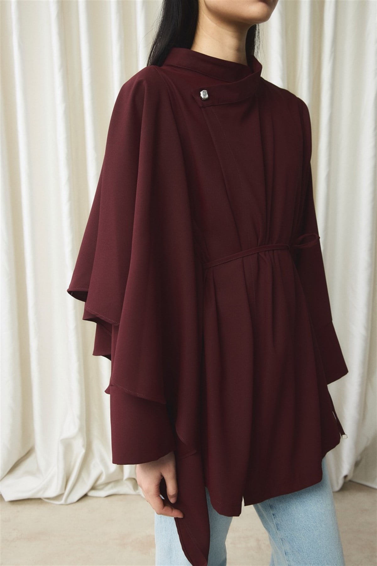 Ön Volanlı Gömlek - Bordo