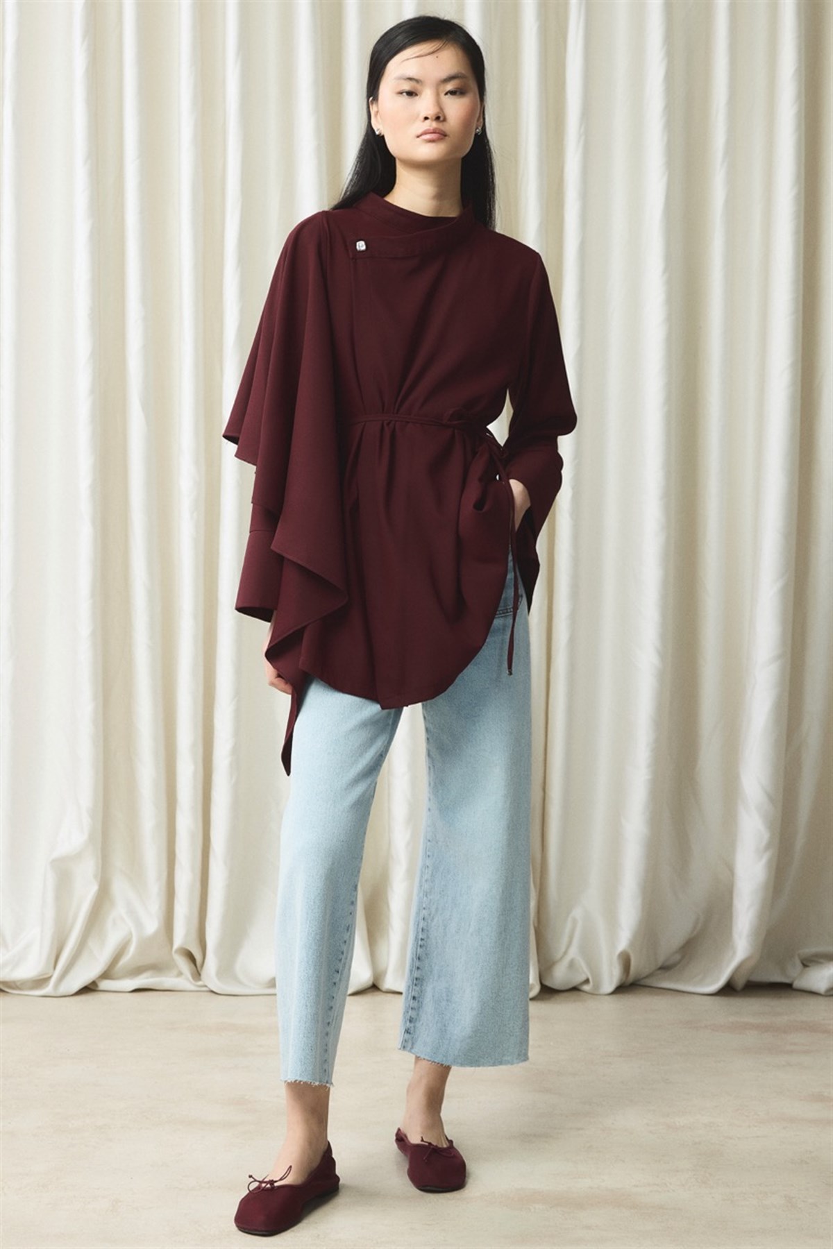 Ön Volanlı Gömlek - Bordo