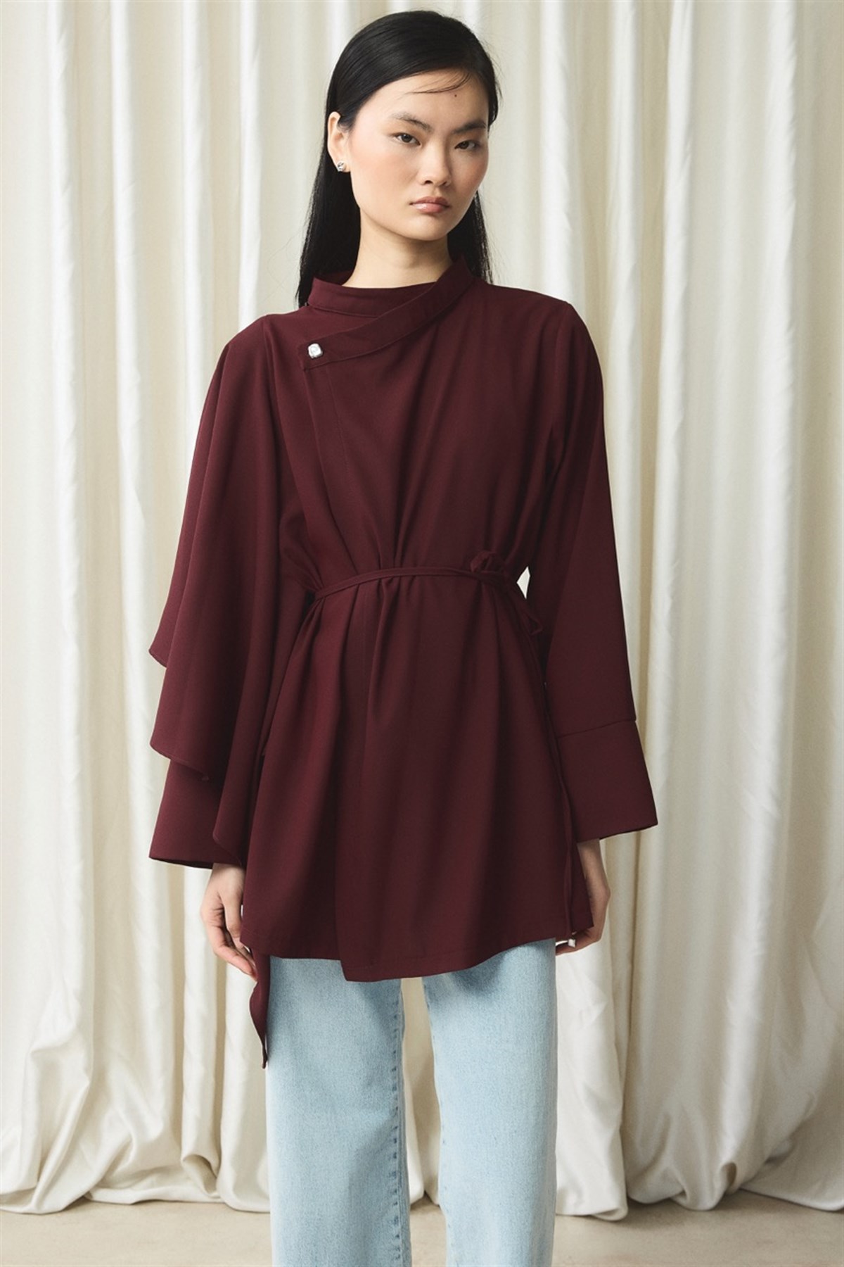 Ön Volanlı Gömlek - Bordo