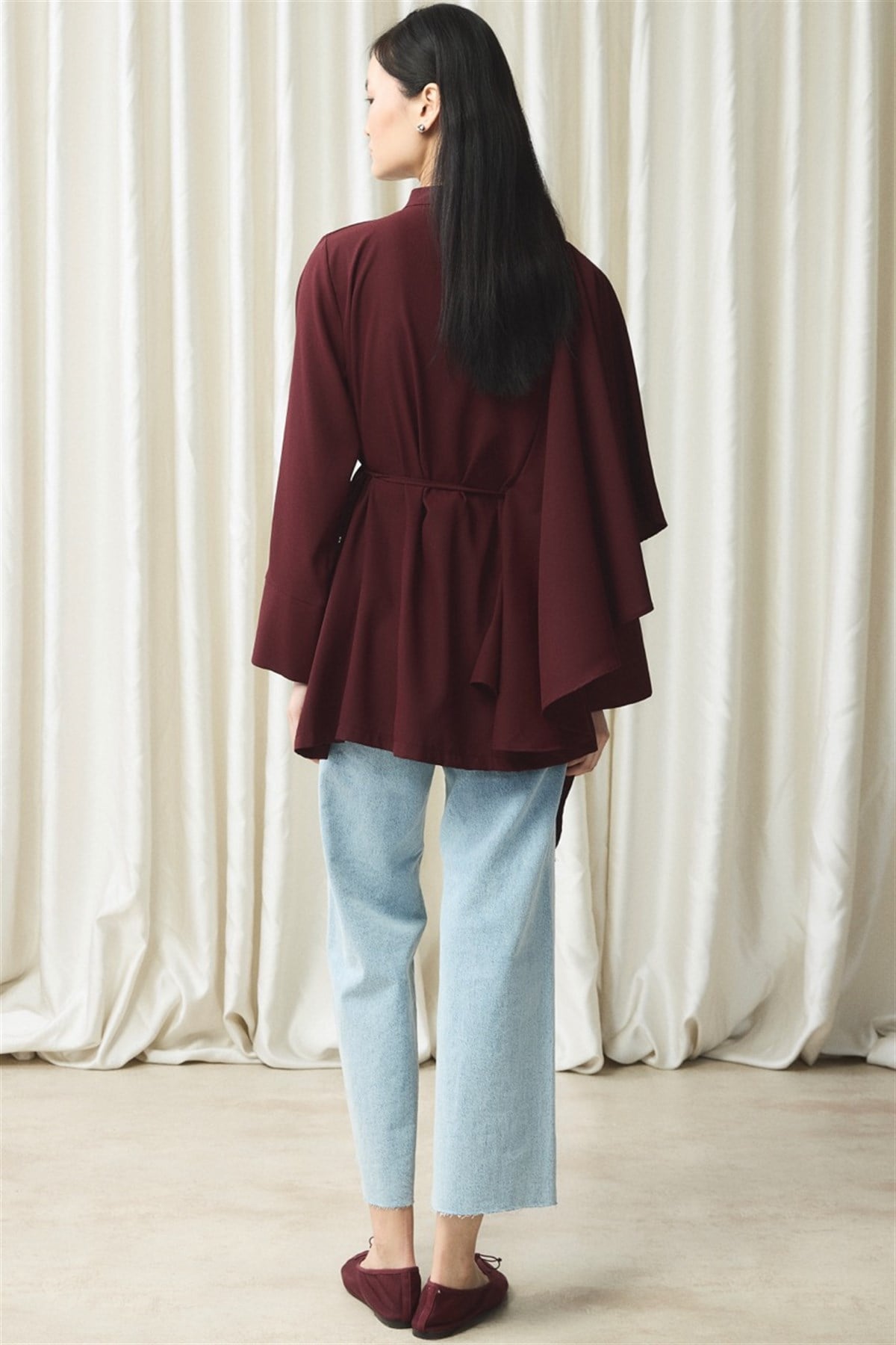 Ön Volanlı Gömlek - Bordo