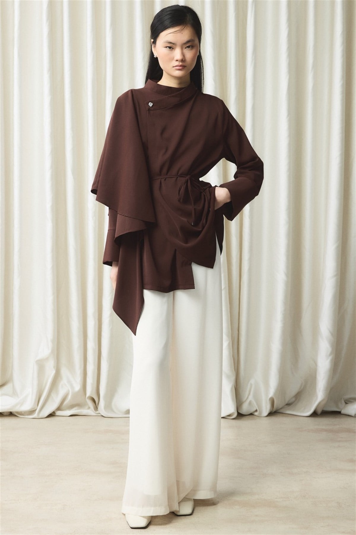 Ön Volanlı Gömlek - Kahve