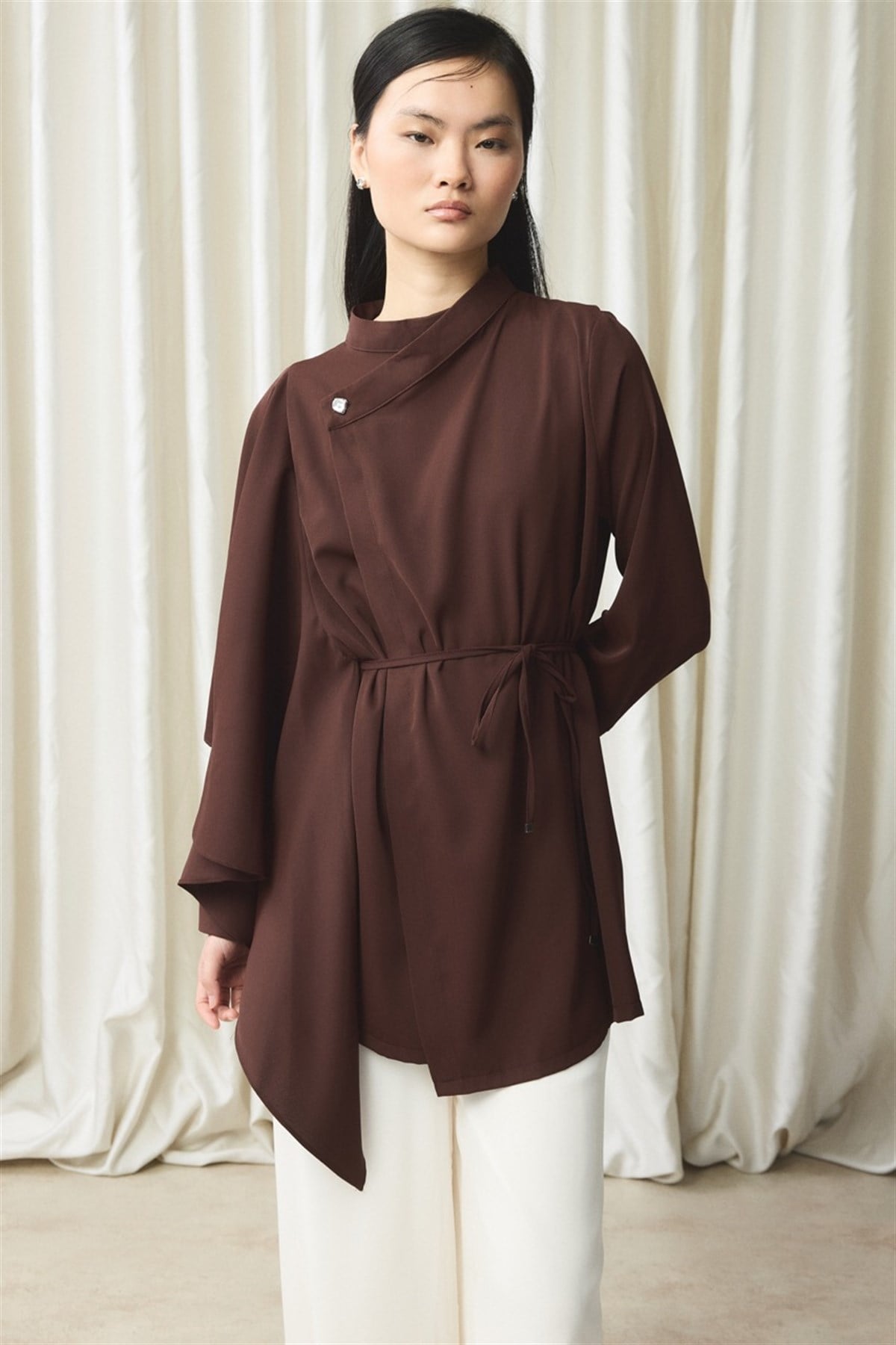 Ön Volanlı Gömlek - Kahve