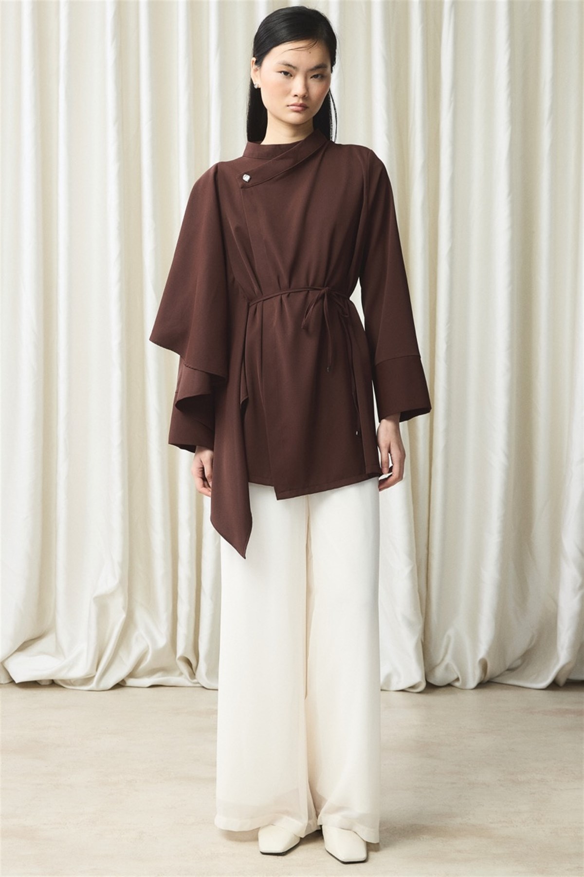 Ön Volanlı Gömlek - Kahve