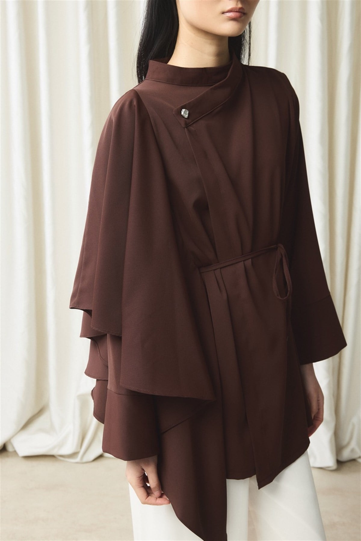 Ön Volanlı Gömlek - Kahve