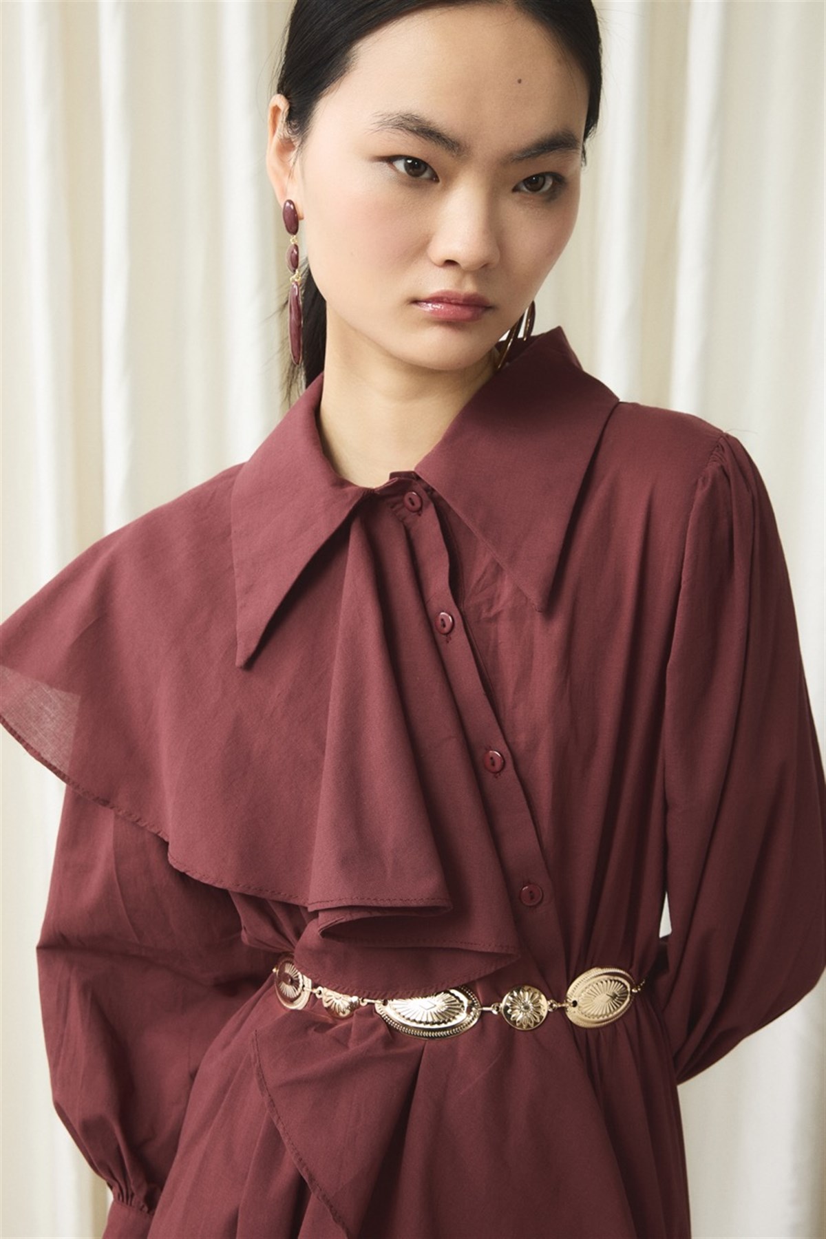 Ön Volanlı Vual Elbise - Bordo