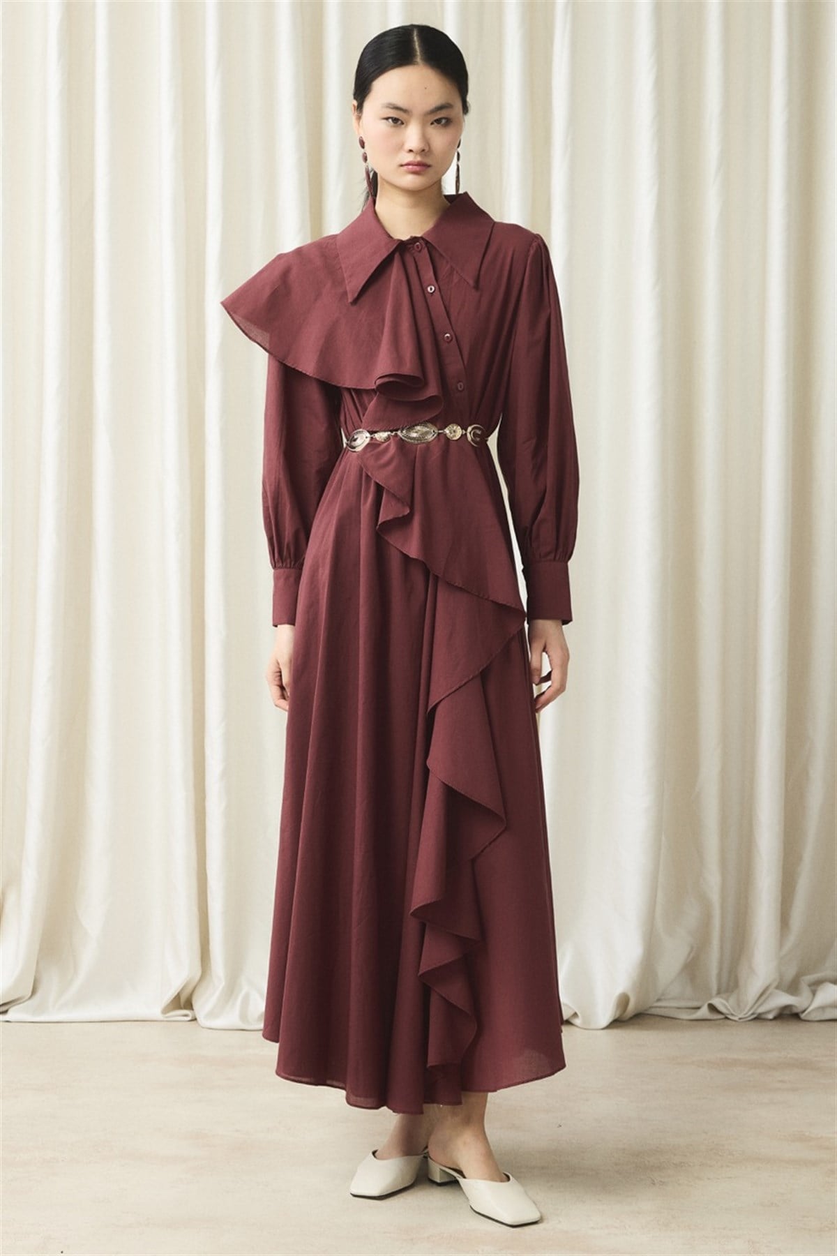 Ön Volanlı Vual Elbise - Bordo