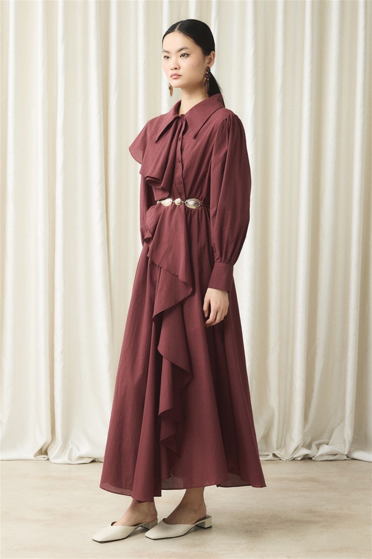 Ön Volanlı Vual Elbise - Bordo