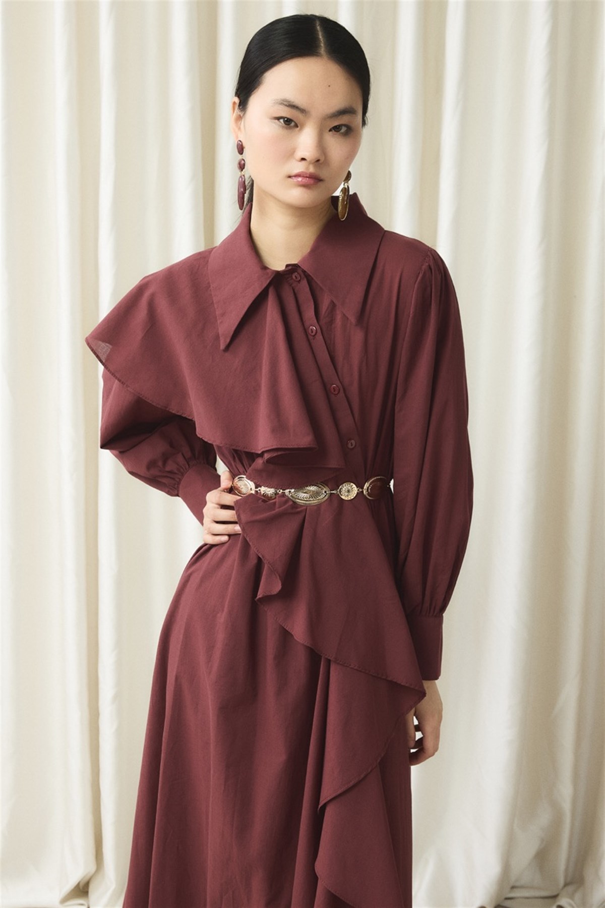 Ön Volanlı Vual Elbise - Bordo