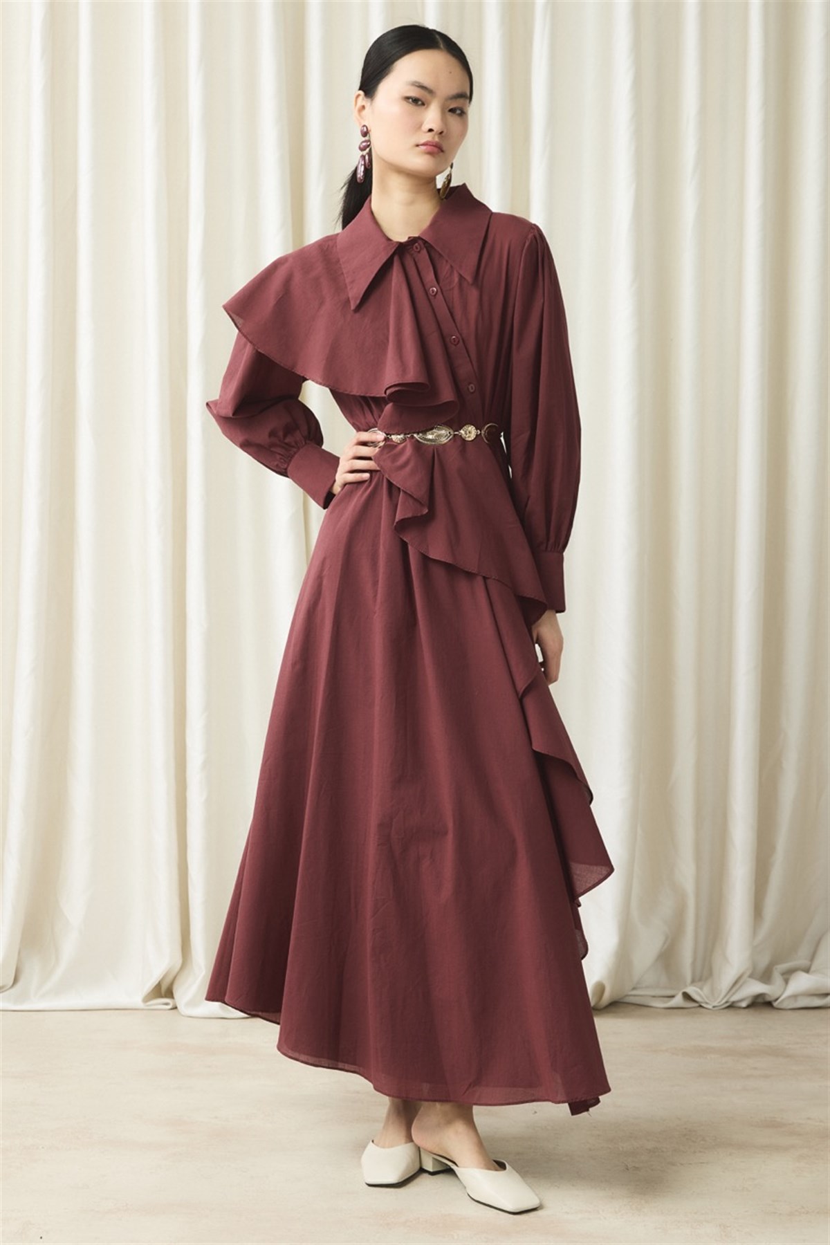 Ön Volanlı Vual Elbise - Bordo