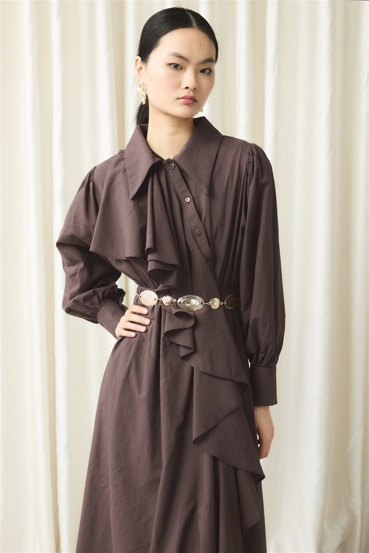 Ön Volanlı Vual Elbise - Kahve