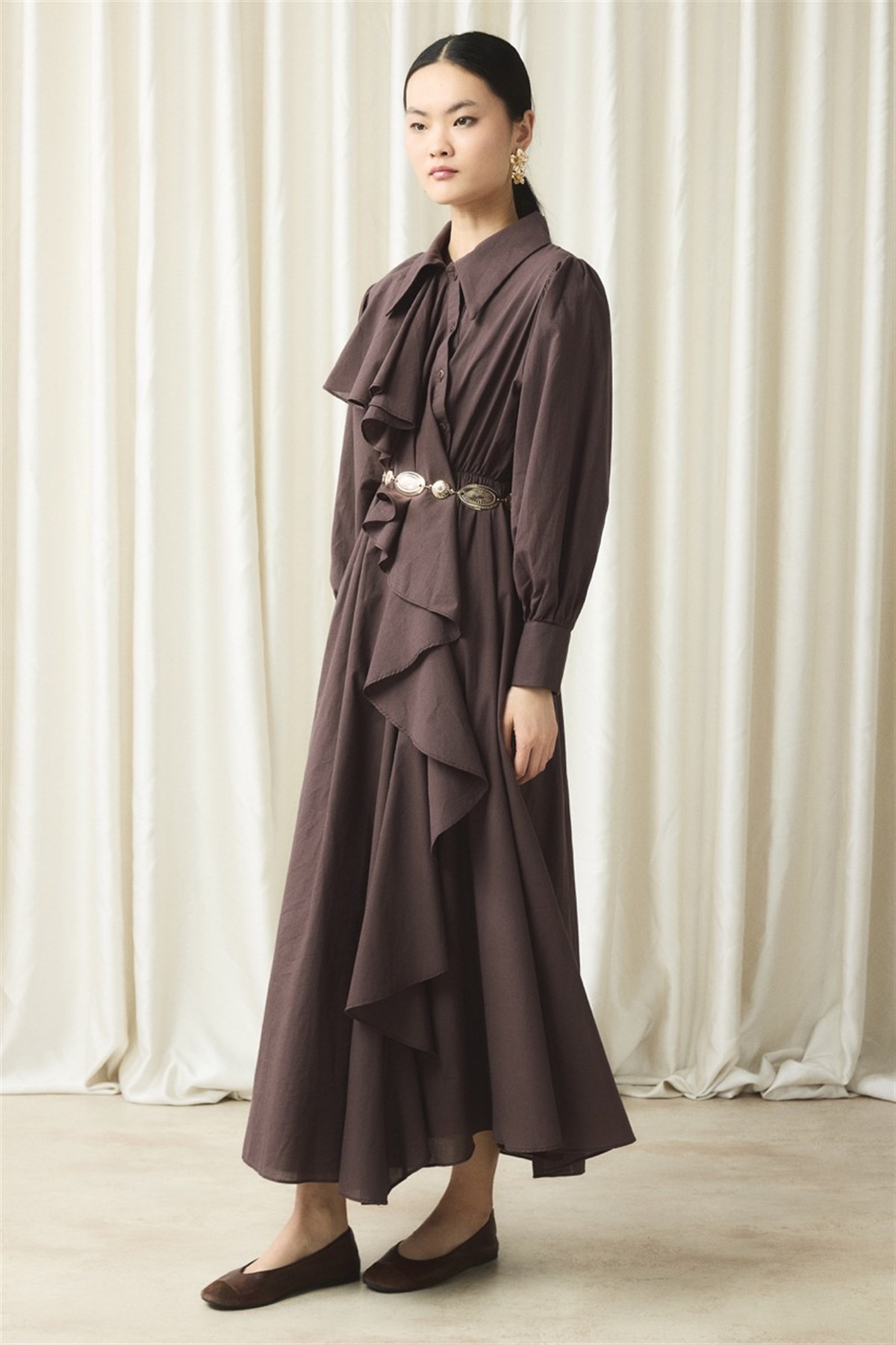 Ön Volanlı Vual Elbise - Kahve