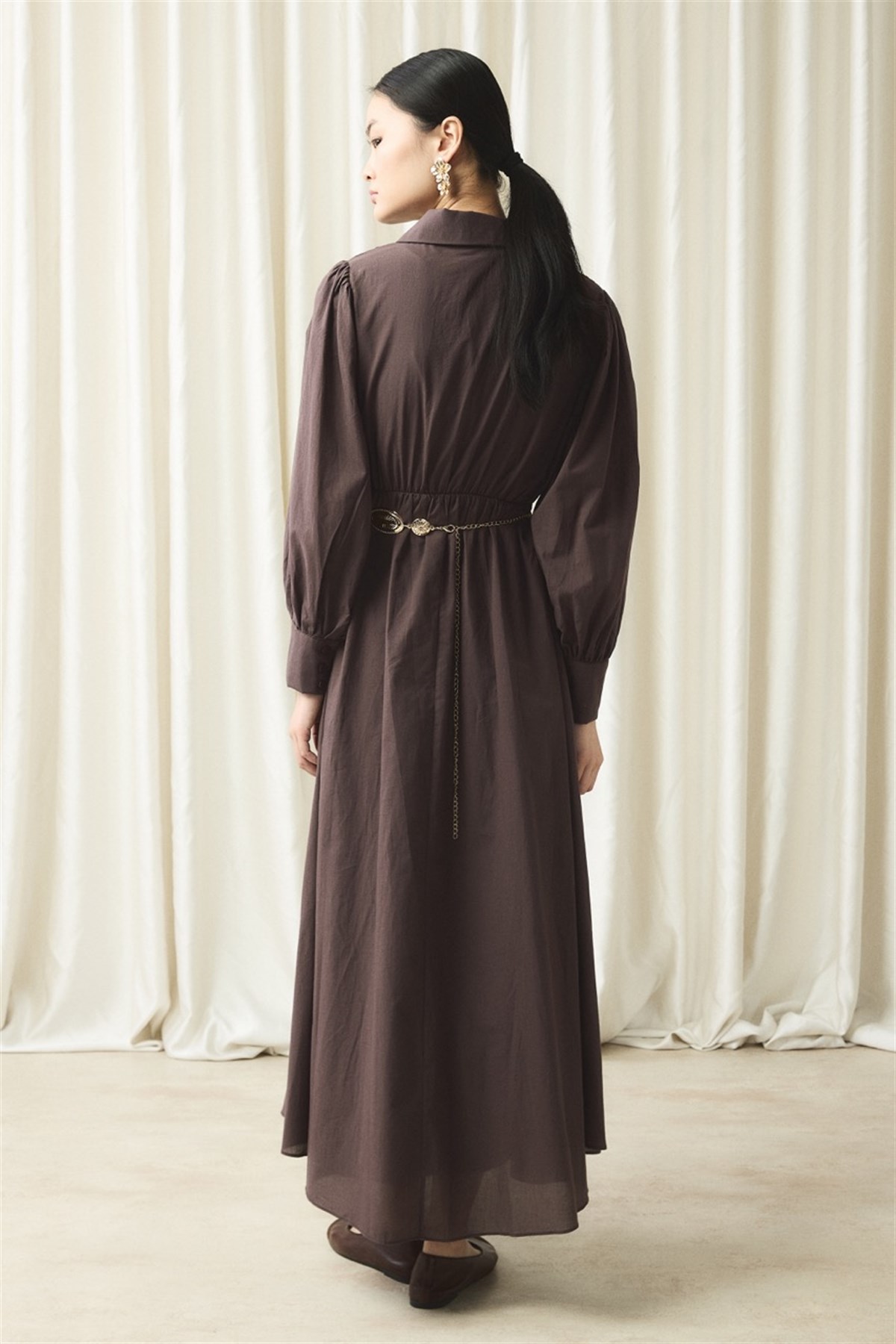 Ön Volanlı Vual Elbise - Kahve