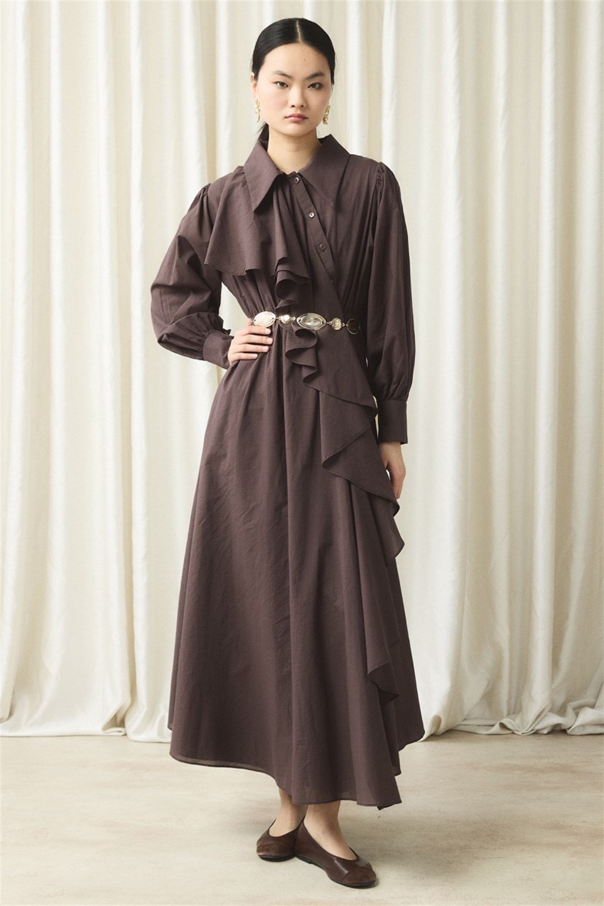 Ön Volanlı Vual Elbise - Kahve