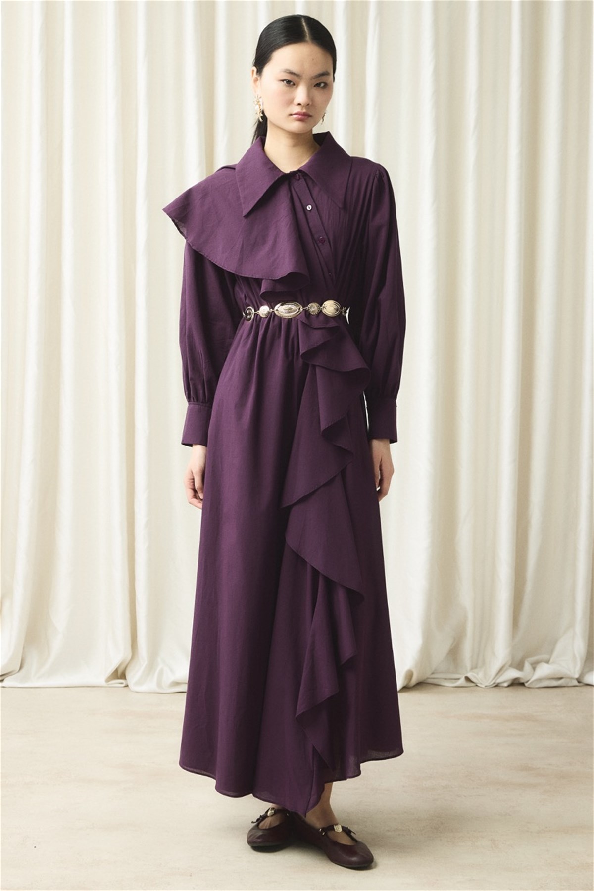 Ön Volanlı Vual Elbise - Mürdüm