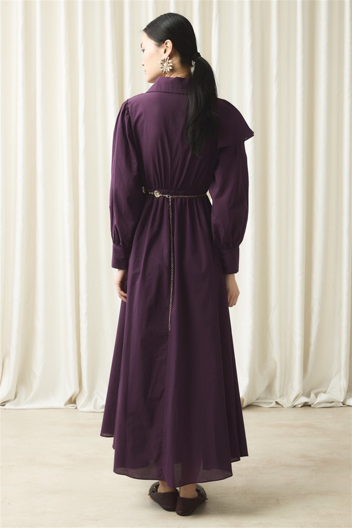 Ön Volanlı Vual Elbise - Mürdüm