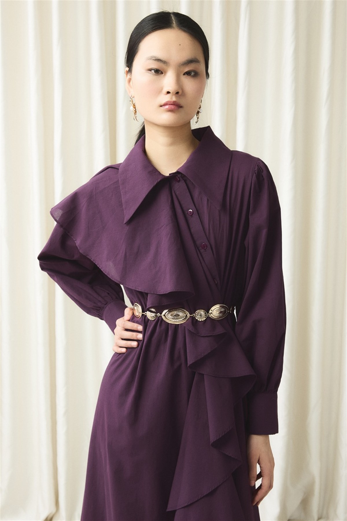 Ön Volanlı Vual Elbise - Mürdüm