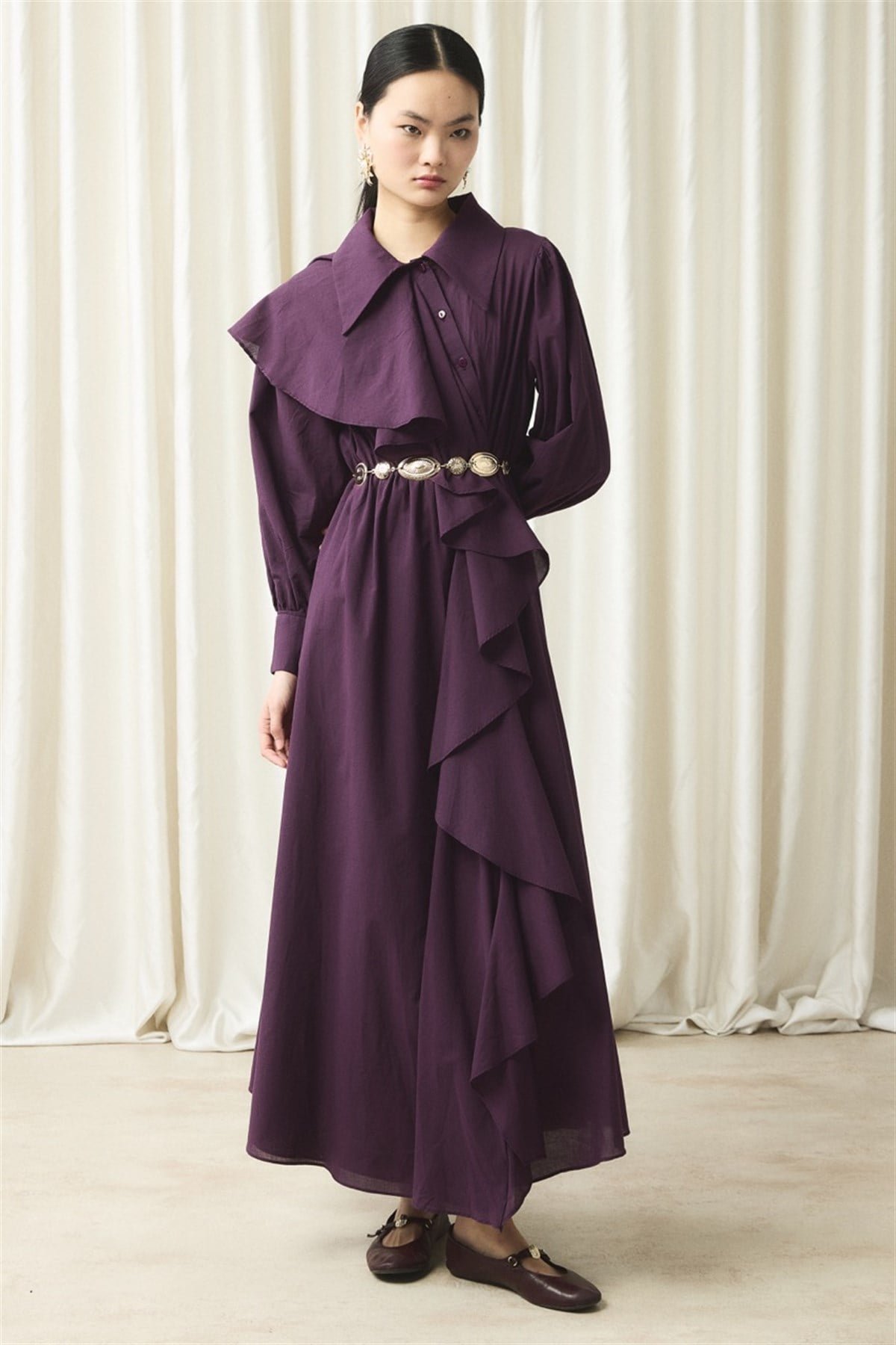 Ön Volanlı Vual Elbise - Mürdüm