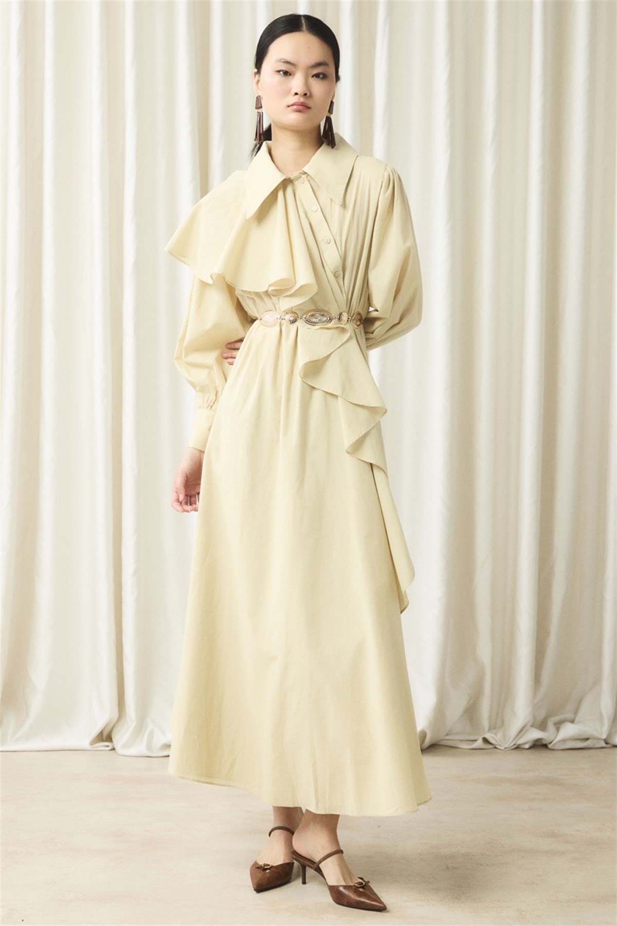 Ön Volanlı Vual Elbise - Sarı