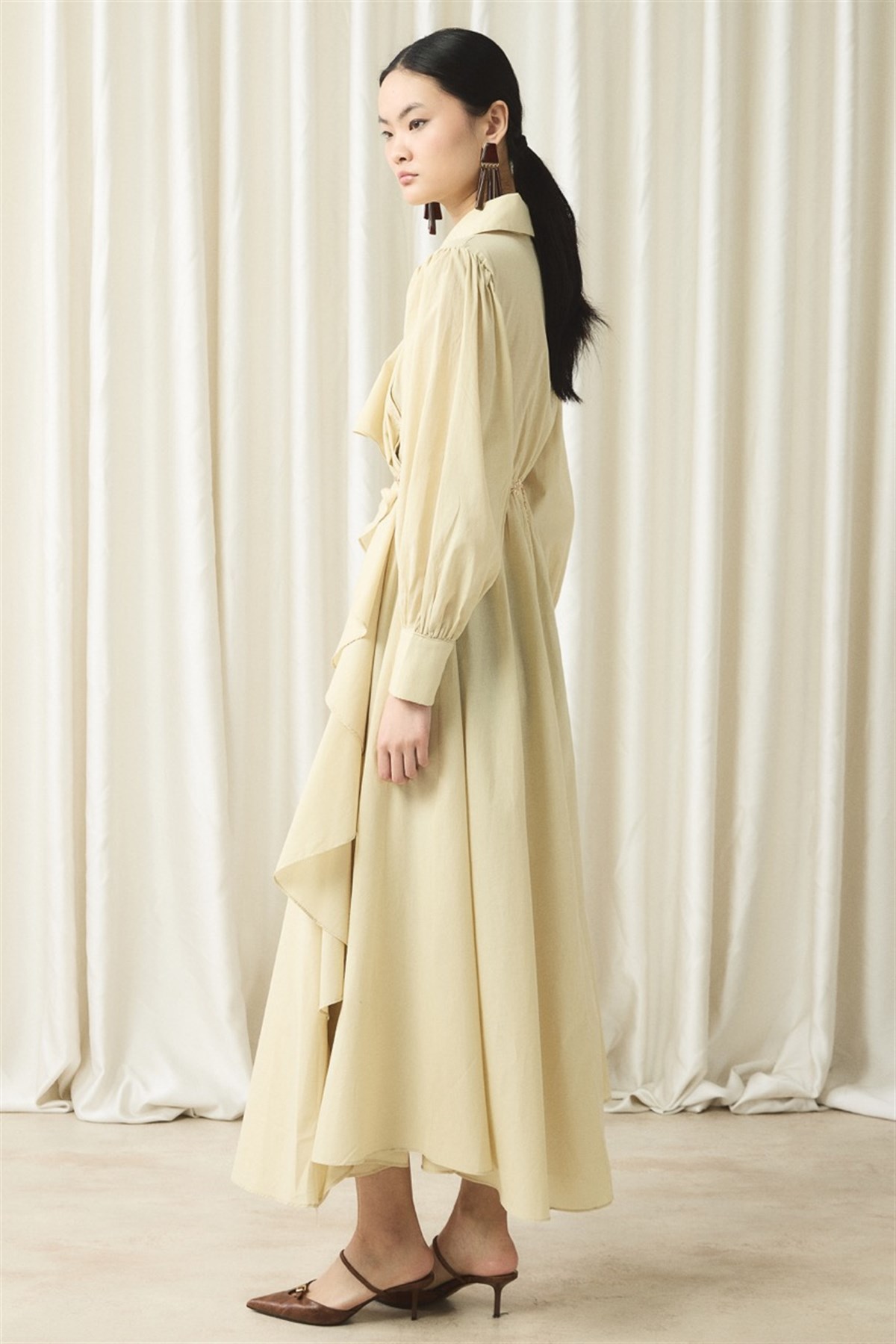 Ön Volanlı Vual Elbise - Sarı