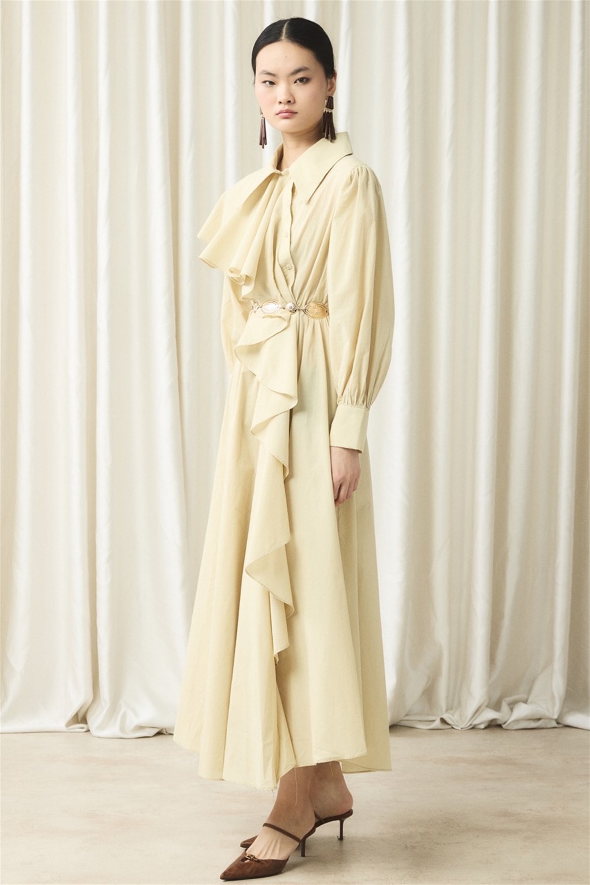 Ön Volanlı Vual Elbise - Sarı