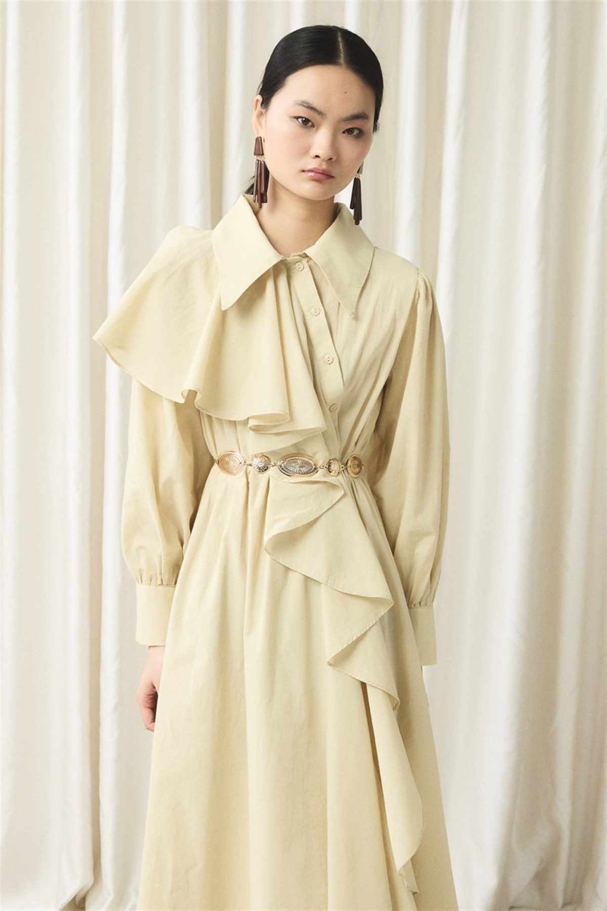 Ön Volanlı Vual Elbise - Sarı