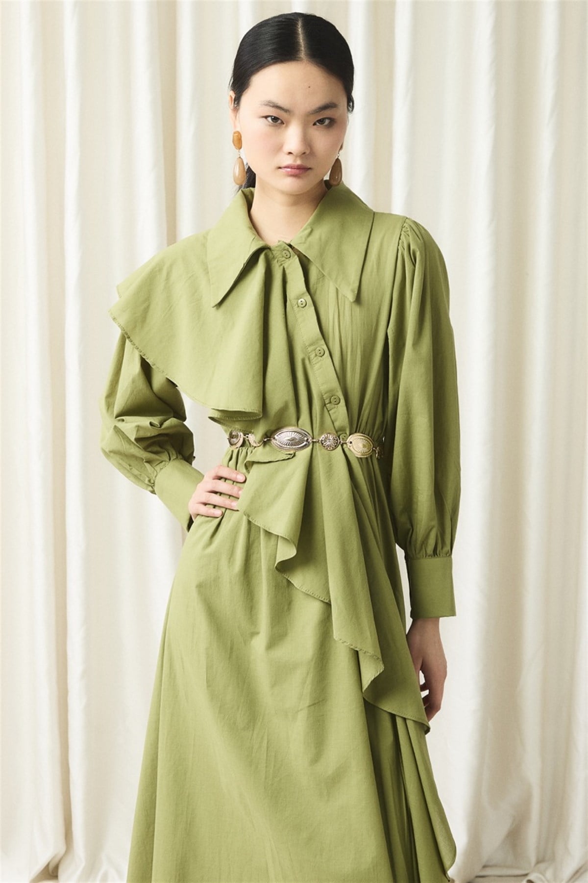 Ön Volanlı Vual Elbise - Yağ Yeşili