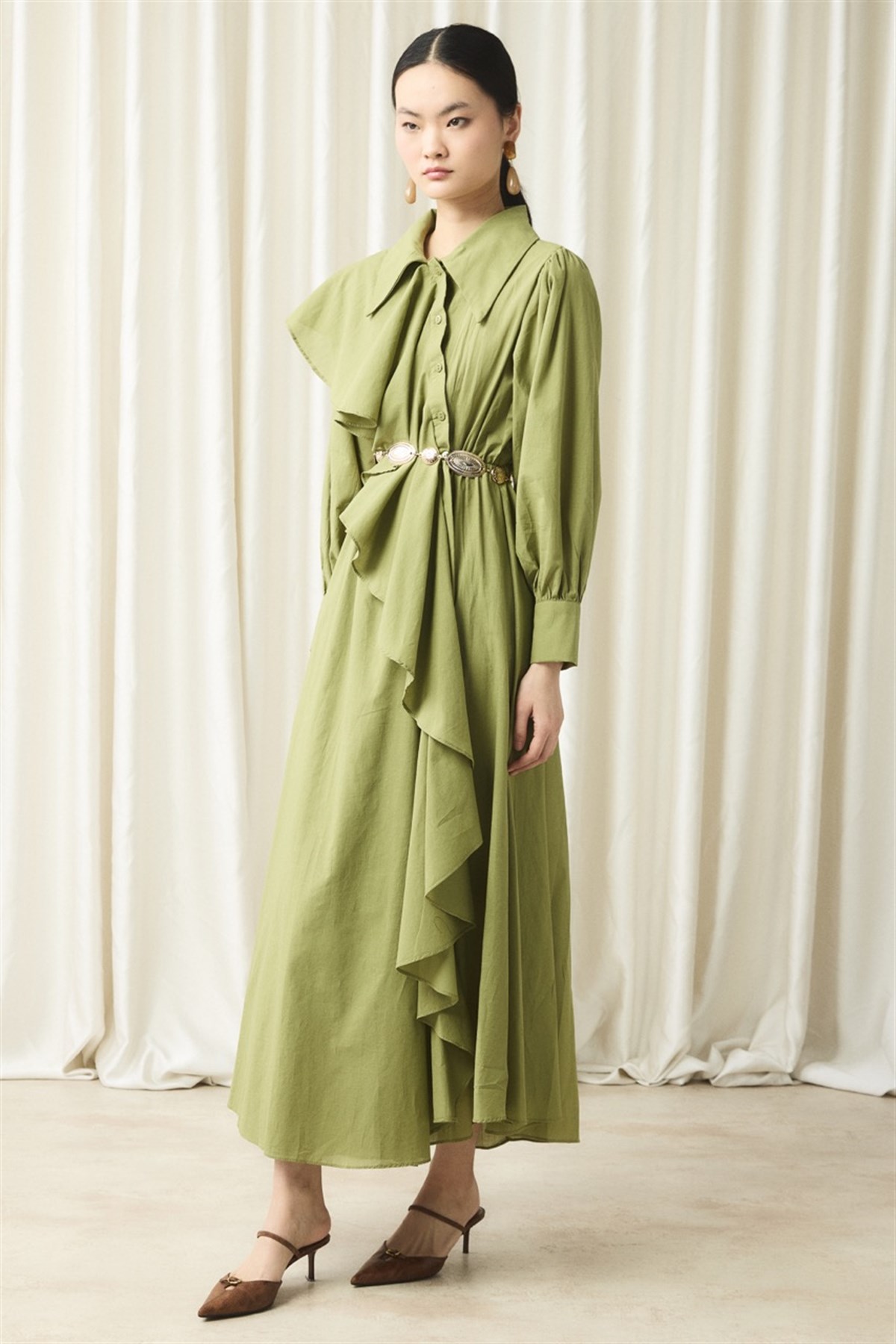 Ön Volanlı Vual Elbise - Yağ Yeşili