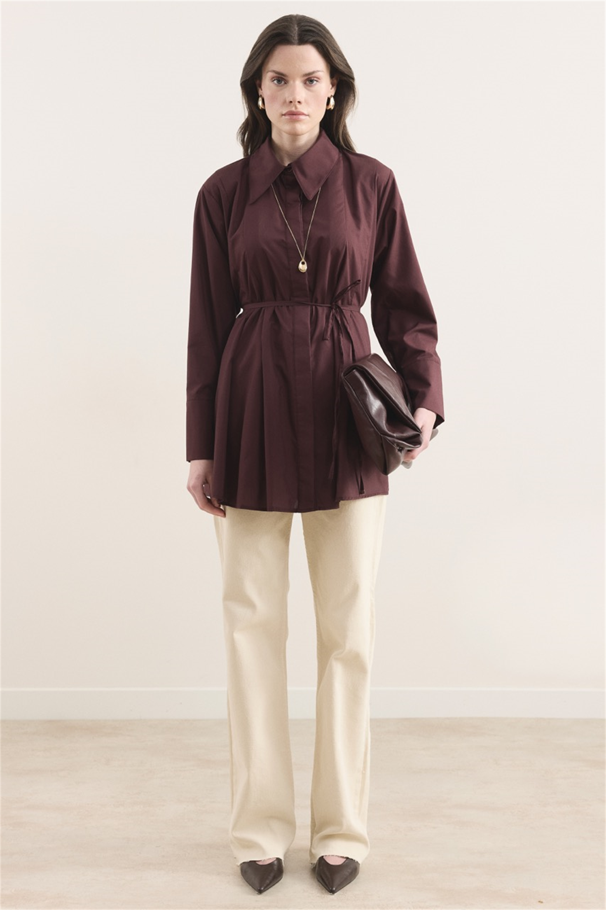 Önü Pileli Dacron Gömlek - Bordo