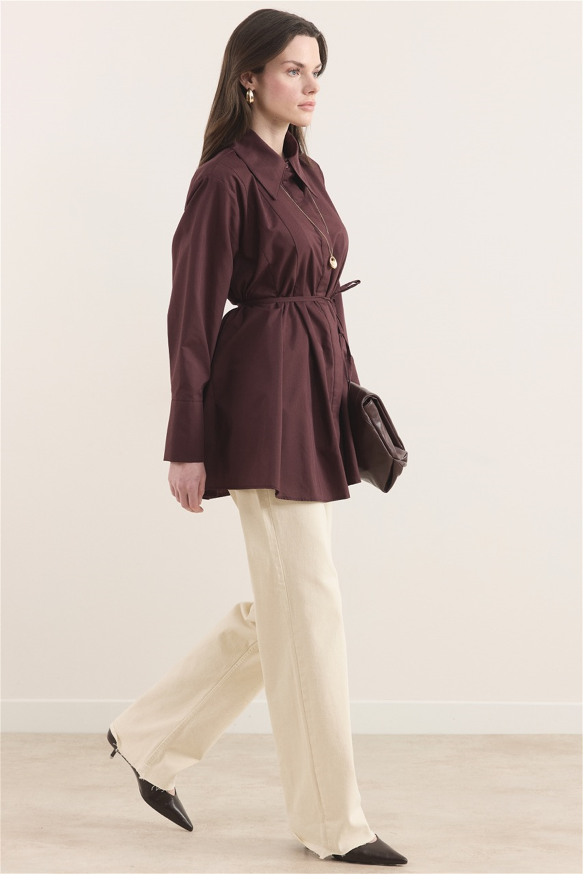 Önü Pileli Dacron Gömlek - Bordo