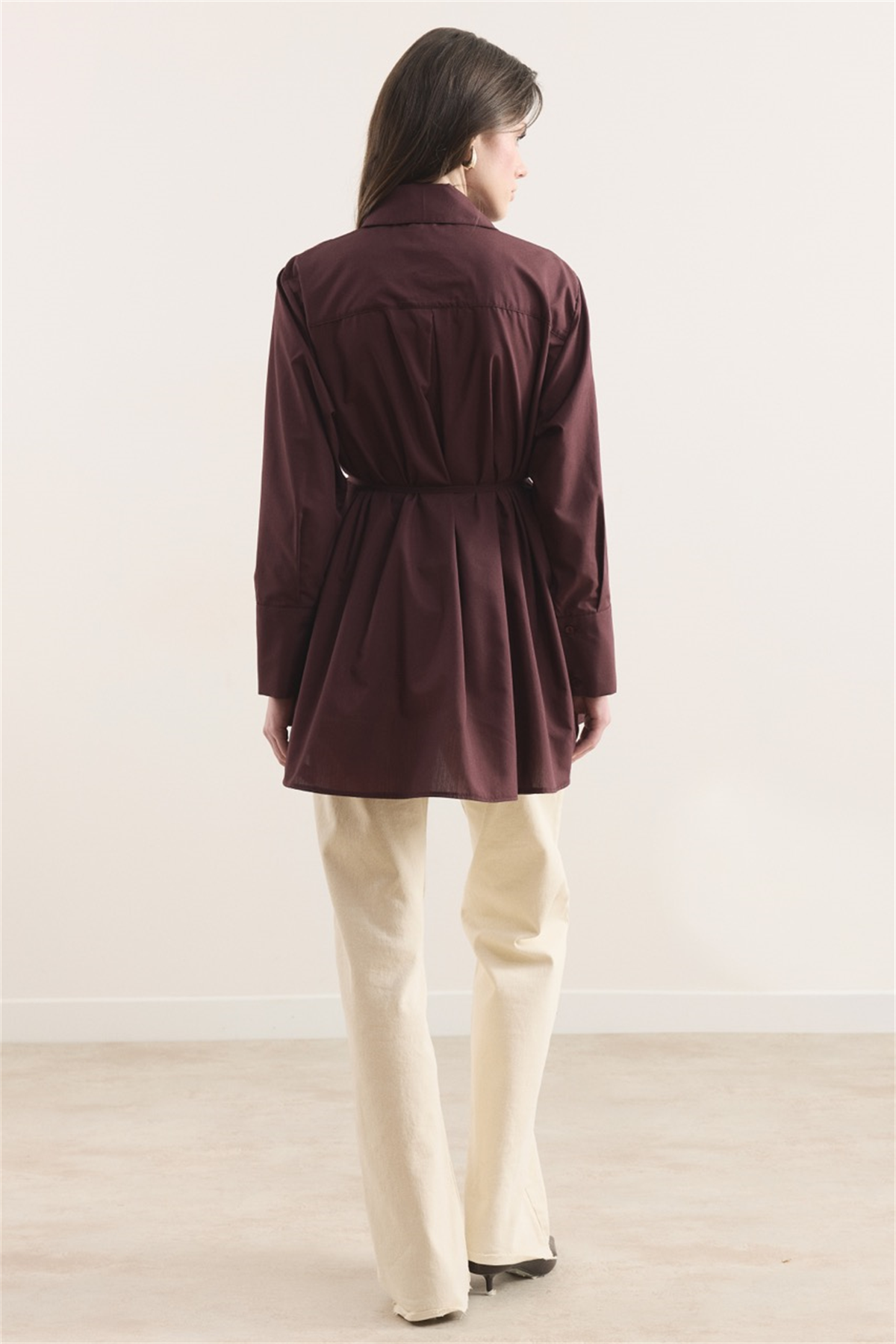 Önü Pileli Dacron Gömlek - Bordo