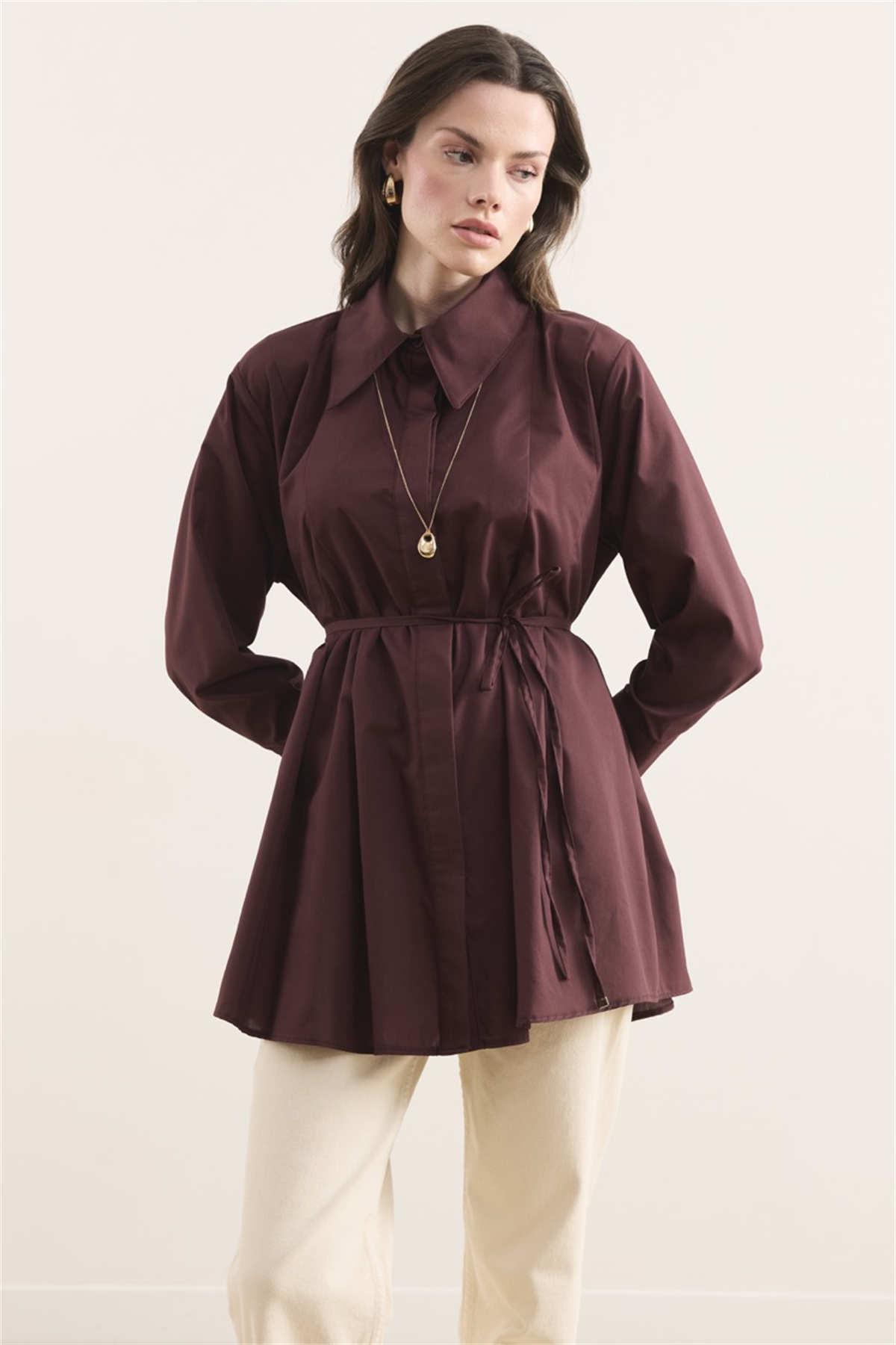 Önü Pileli Dacron Gömlek - Bordo