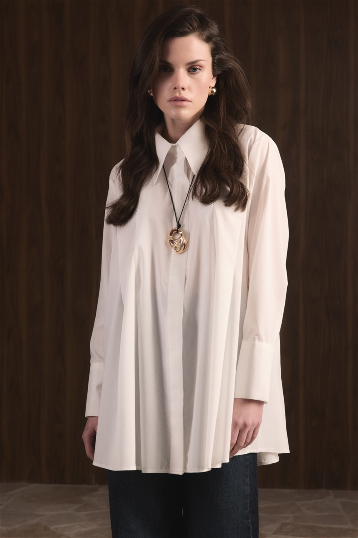 Önü Pileli Dacron Gömlek - Ekru