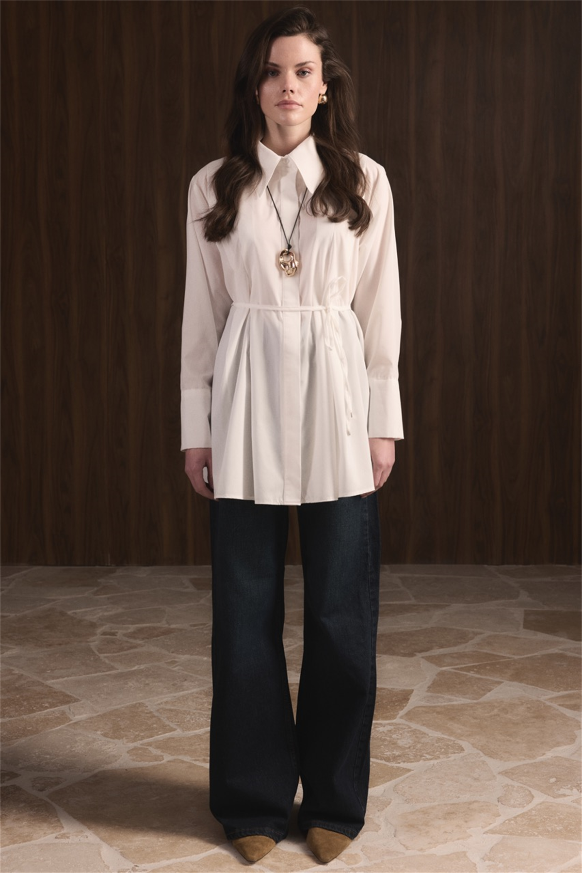 Önü Pileli Dacron Gömlek - Ekru