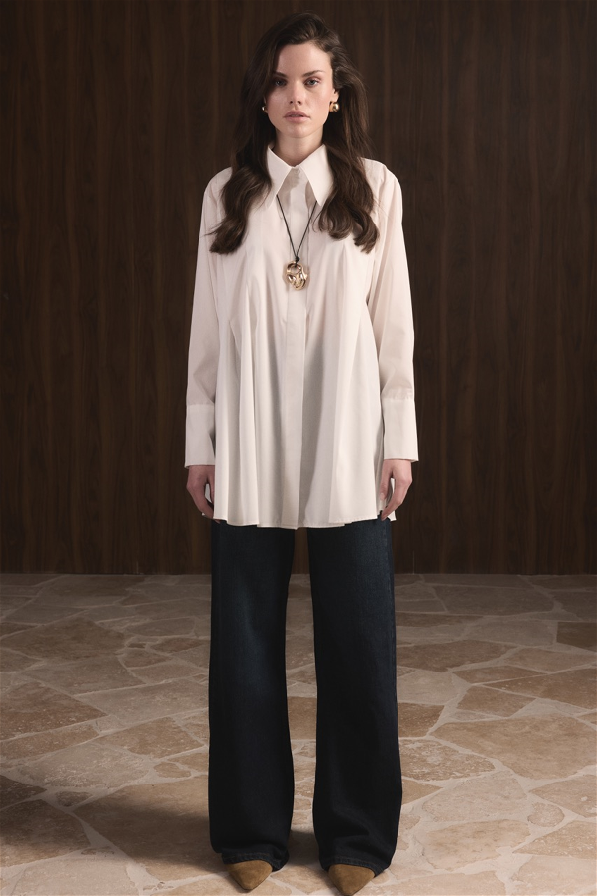 Önü Pileli Dacron Gömlek - Ekru