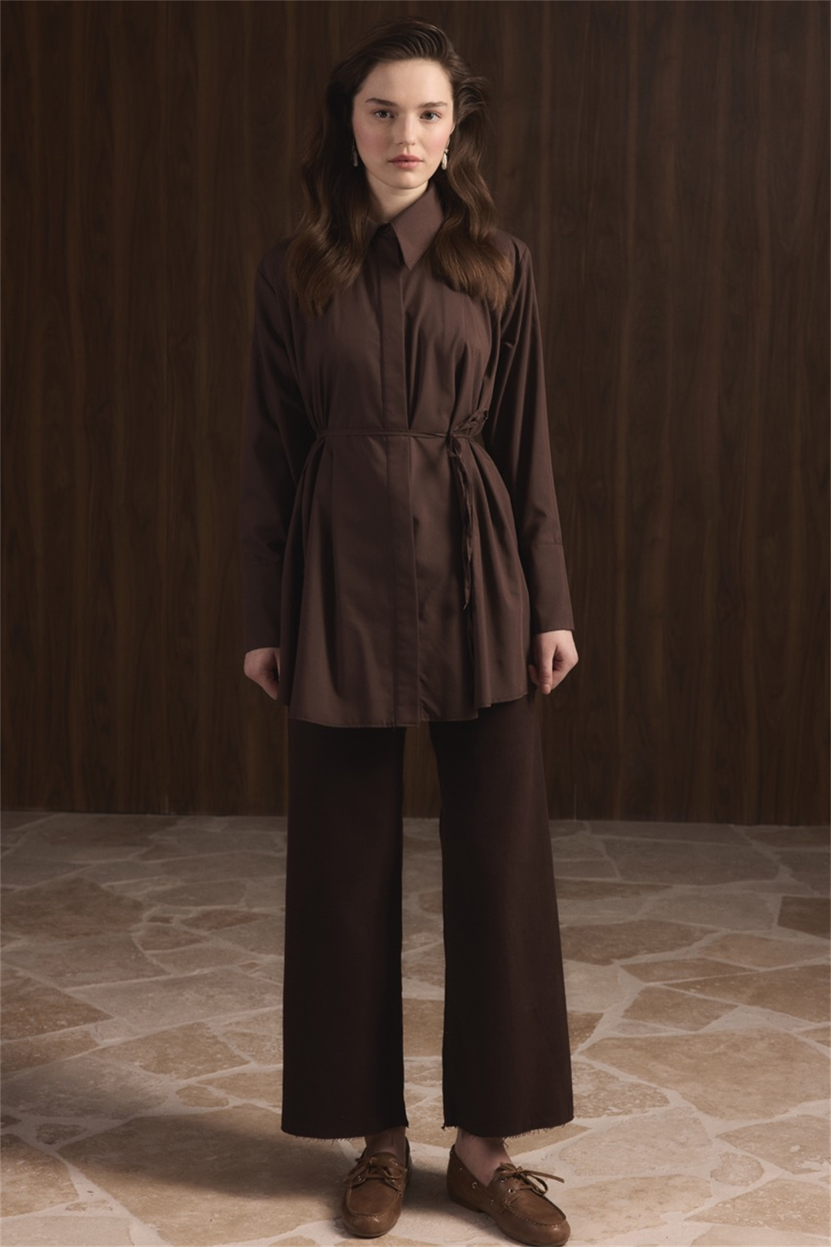 Önü Pileli Dacron Gömlek - Kahve