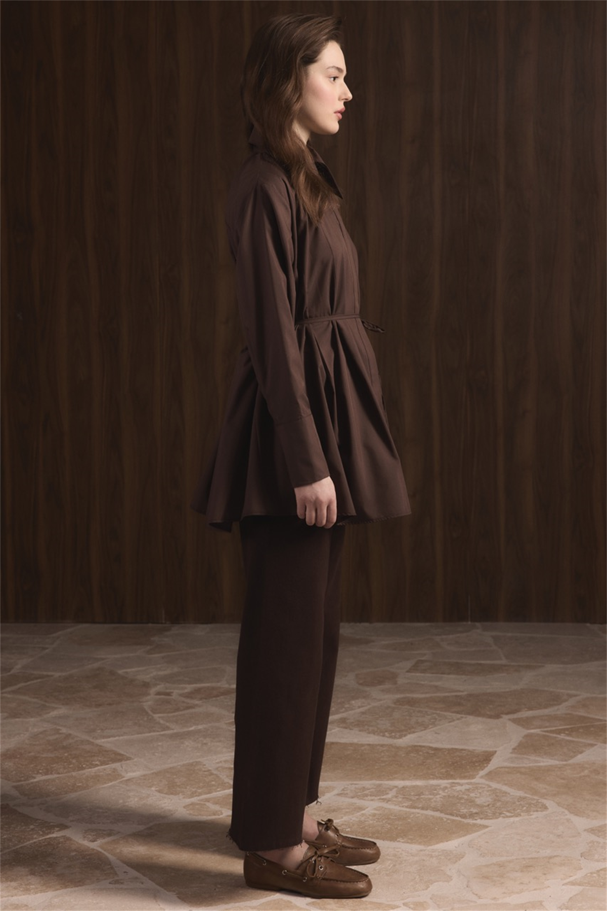 Önü Pileli Dacron Gömlek - Kahve