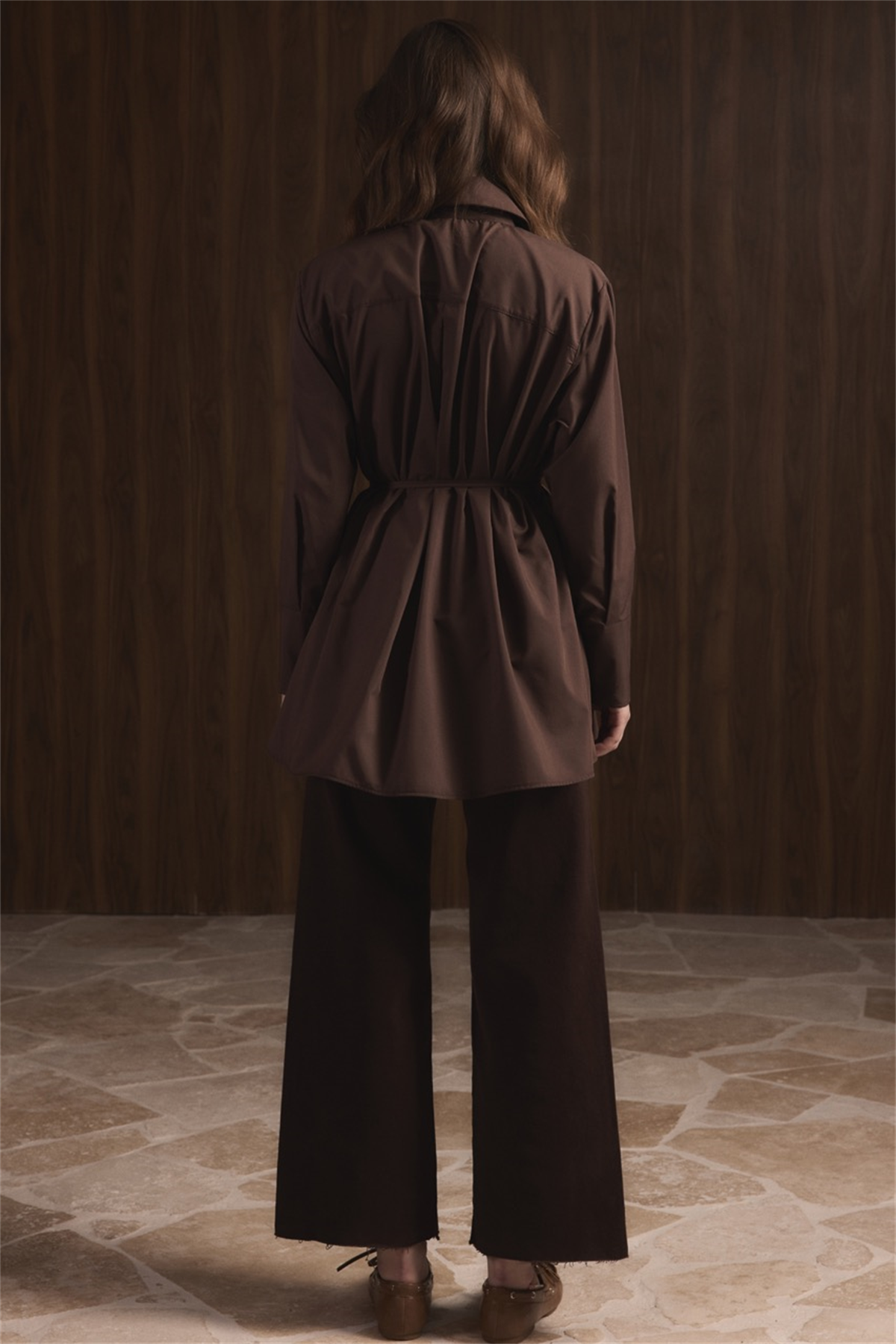 Önü Pileli Dacron Gömlek - Kahve